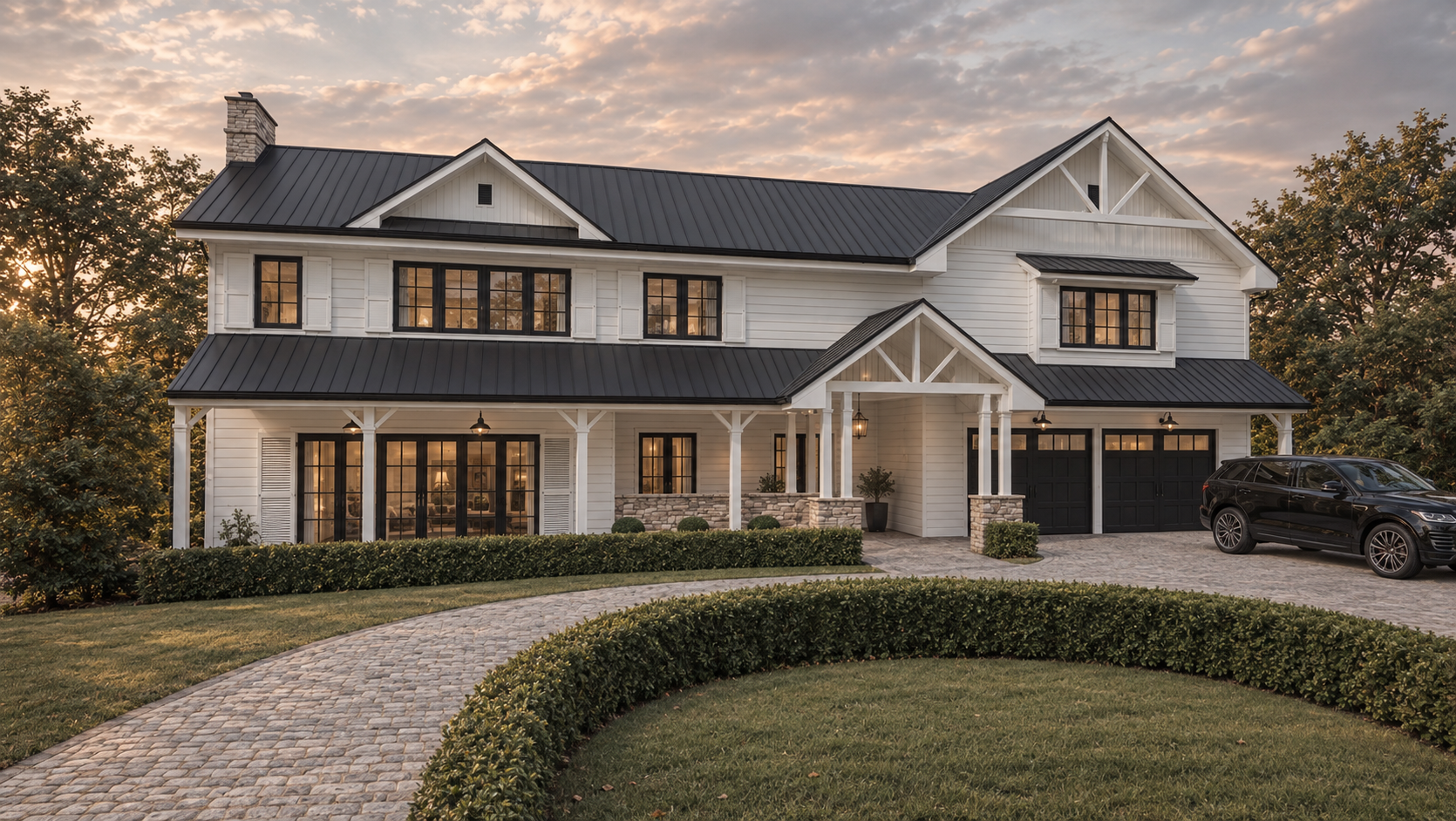 A large modern white house with black roof and window frames, a cobblestone driveway, and a black SUV parked outside, surrounded by well-manicured lawn and trees at sunset.