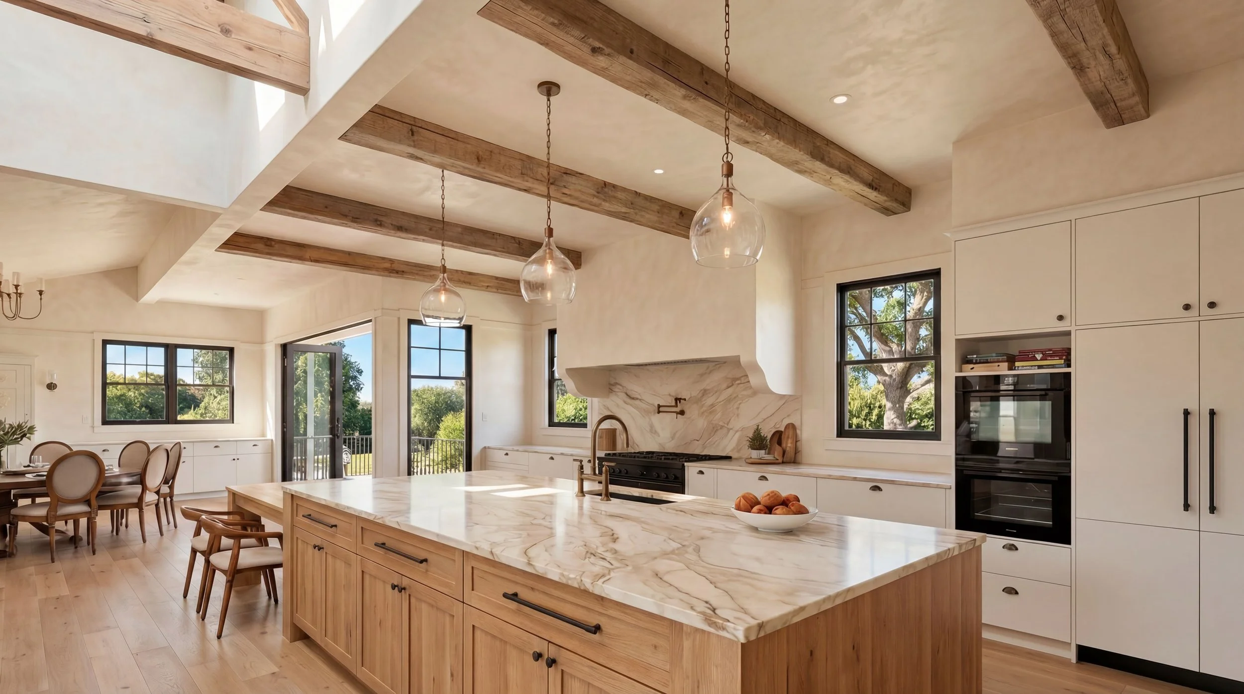 Bright, open-concept kitchen with wooden beams on the ceiling, a central marble island, and a view of a dining area with circular chairs and large windows letting in natural light.