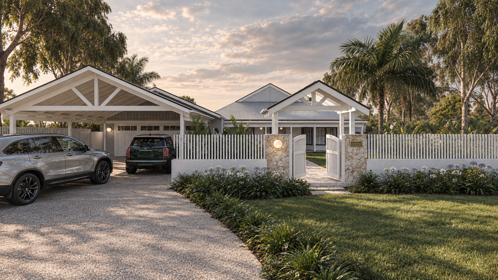 A modern house with a white picket fence, stone pillars, and a garden with purple flowers. There are two cars parked in the driveway, and the house has a gabled roof with exposed beams. Tall palm trees are in the background, and the sky is partly clo
