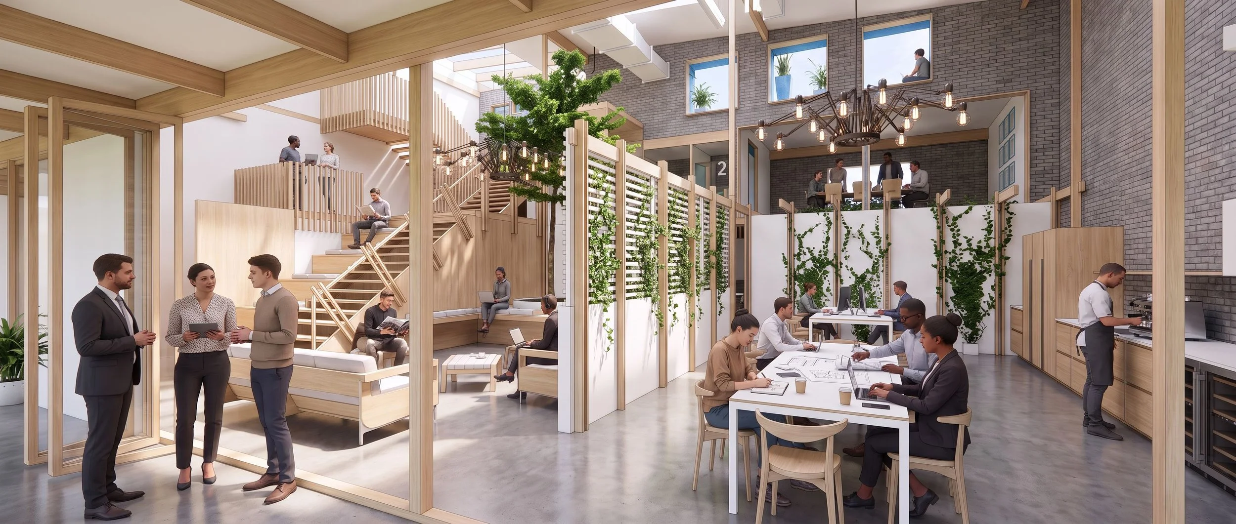 Modern coworking space with people working, talking, and socializing, featuring wooden accents, plants, and large windows.