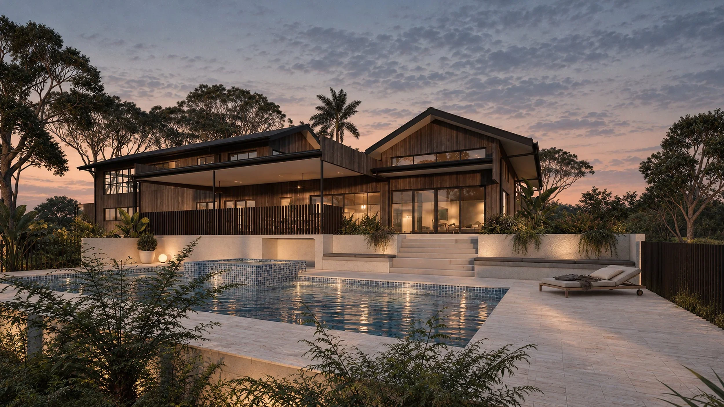 2025- Reesville Modern farmhouse with timber cladding, natural stone and pavers, large windows and natural interiors