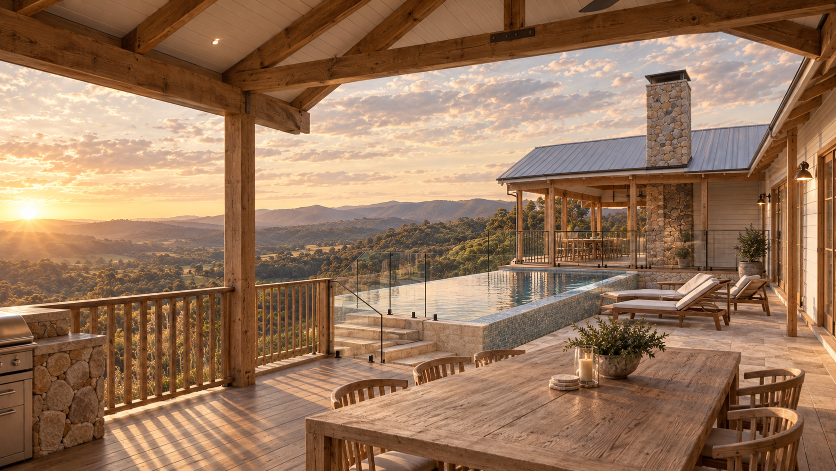 A spacious outdoor deck with a river viewport infinity pool, overlooking rolling hills and a sunset sky, furnished with wooden tables, chairs, lounge chairs, and potted plants.