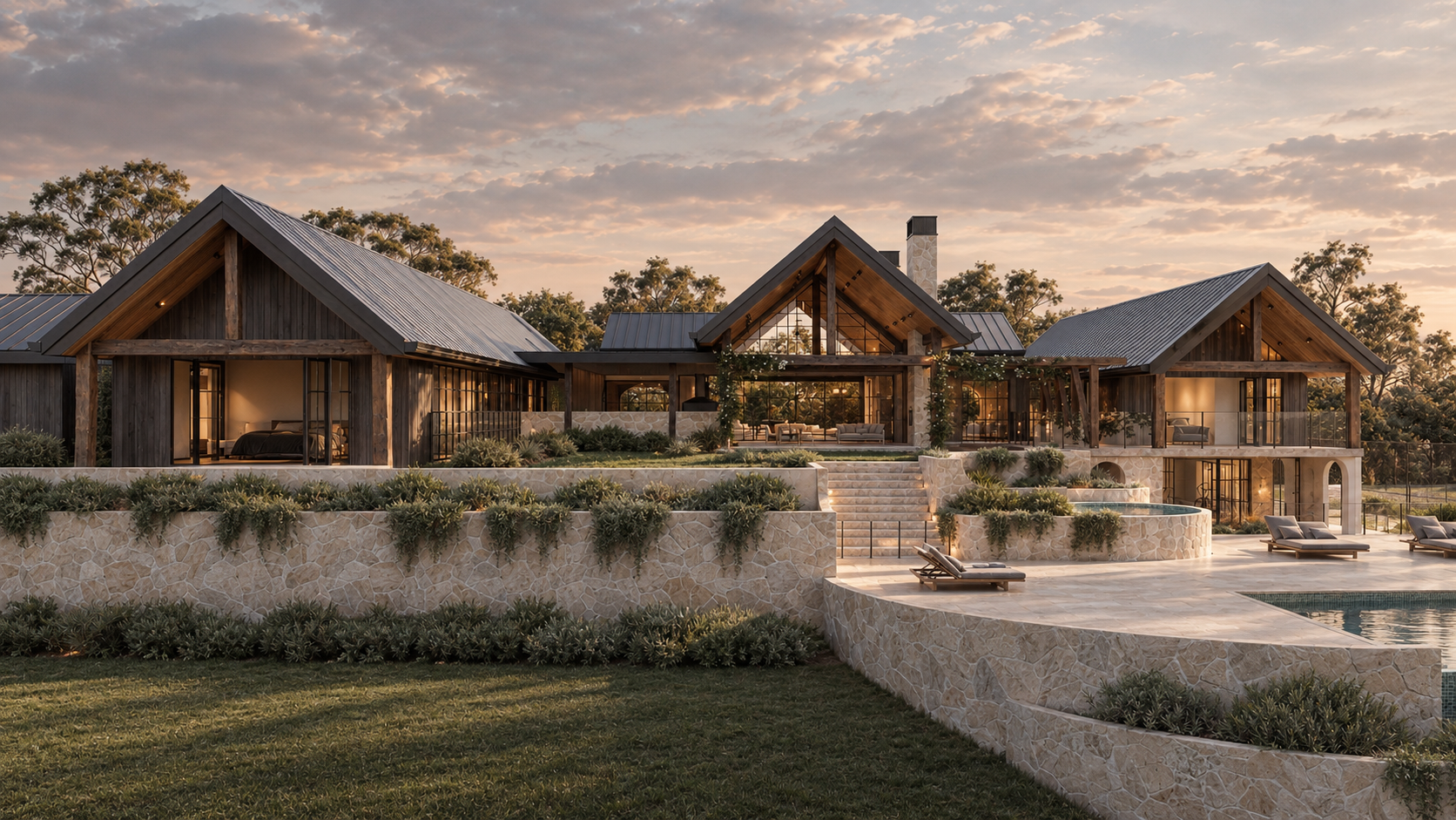 Luxury modern rustic lodge with timber gabled roofs, landscaped stone terraces, and a swimming pool at sunset