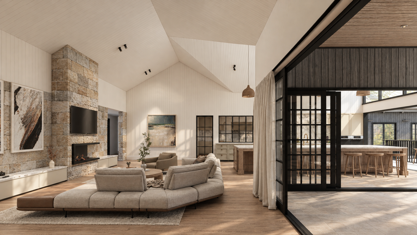 Modern open-concept living room with stone fireplace, sectional sofa, vaulted ceiling, and glass-enclosed kitchen with island