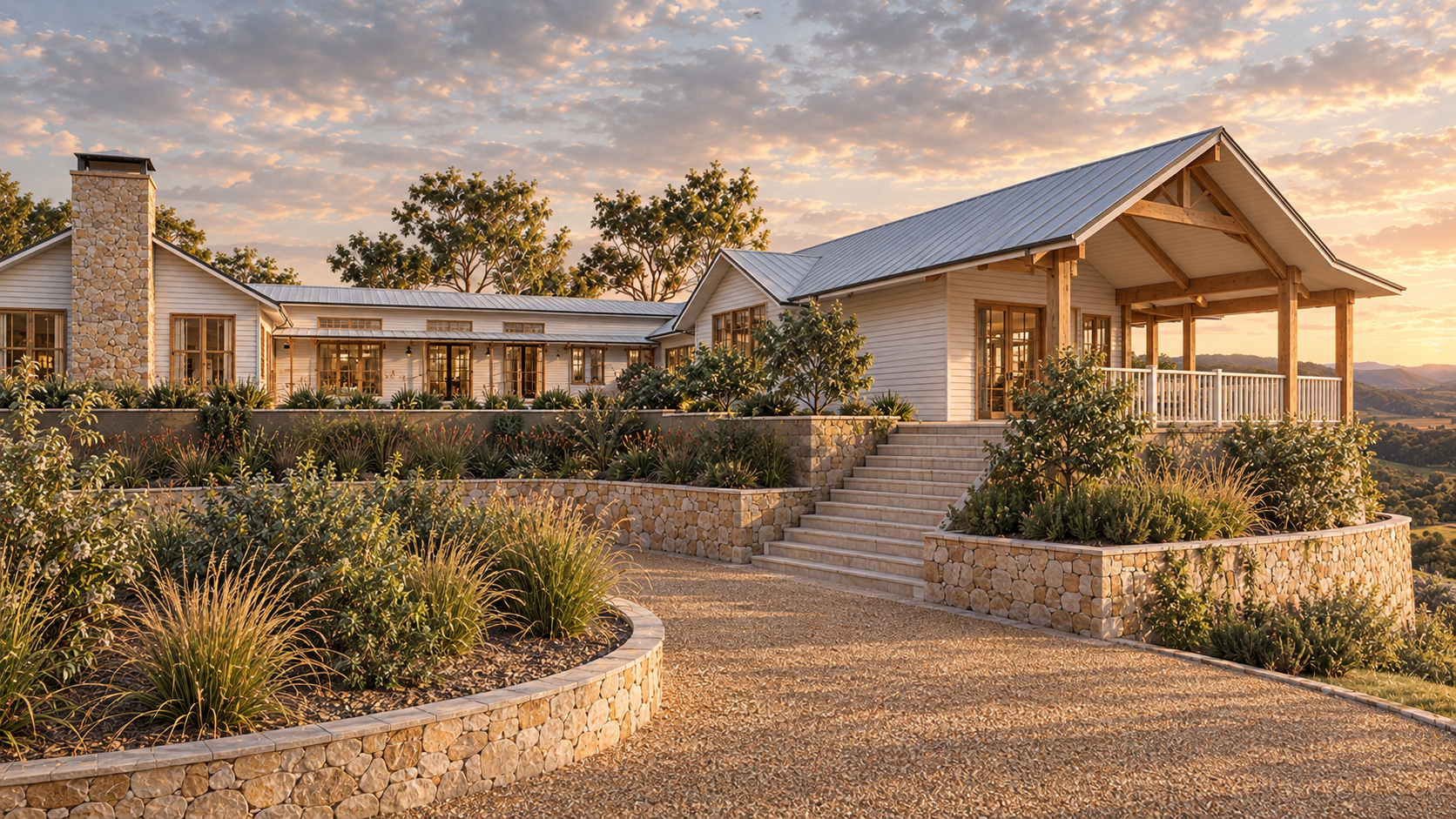 A large house with a stone chimney and white siding, surrounded by landscaped garden beds with various plants, steps leading to a porch with wooden railing, set against a sunset sky with clouds and rolling hills in the background.