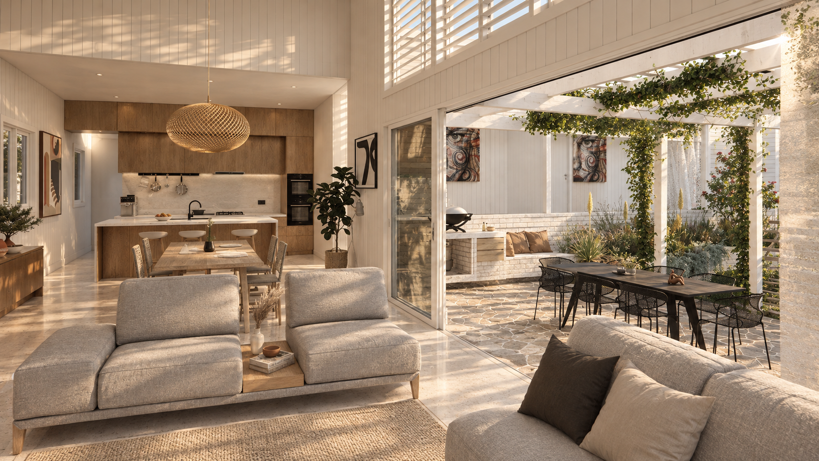 Open-concept living and dining area with a view of a patio garden. The indoor space features a light-colored sofa, a wooden dining table with chairs, a kitchen with white and wood cabinetry, and a large pendant light. The patio has a black dining tab