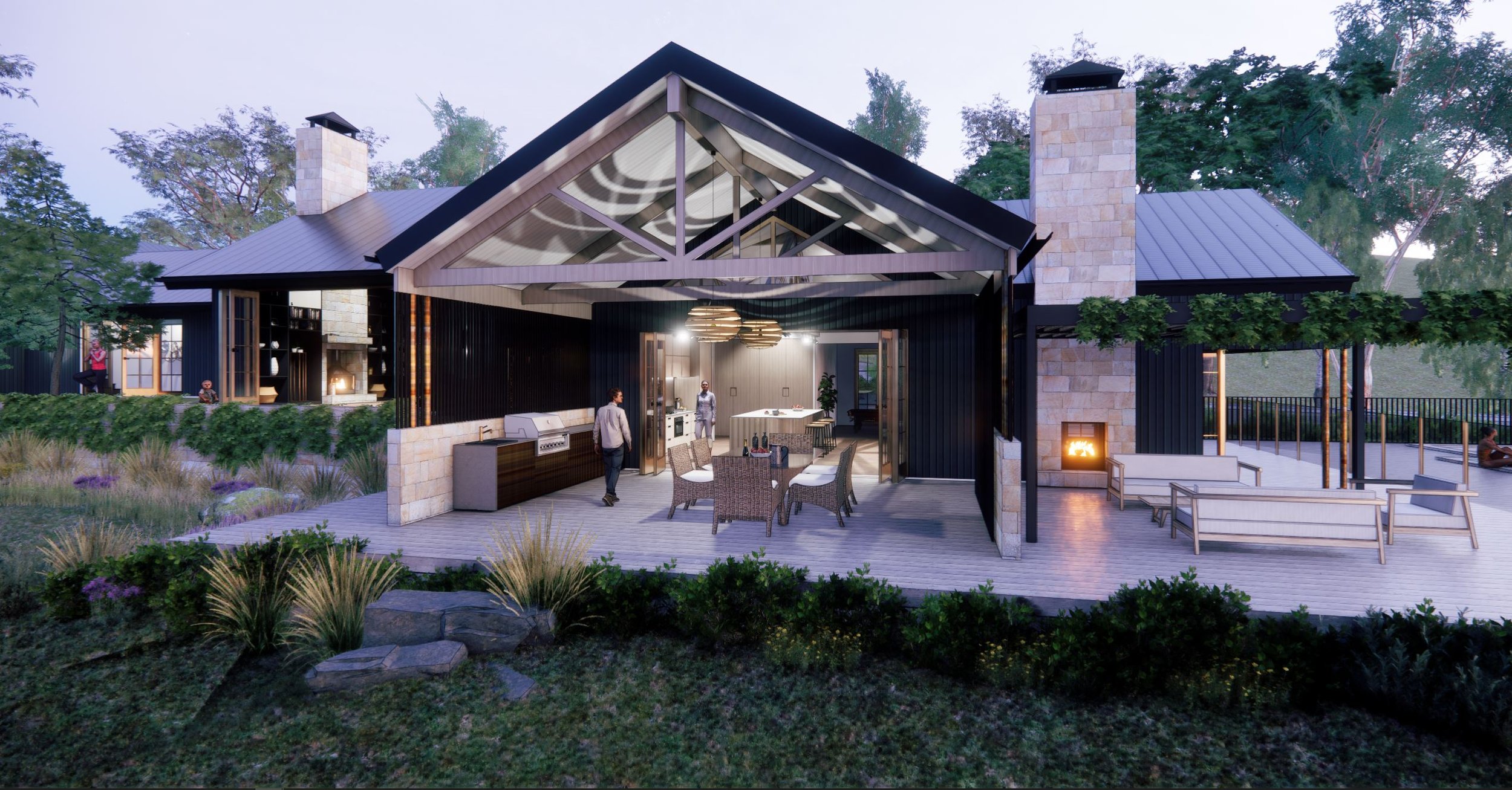 Modern house with outdoor living space featuring a gas grill, dining table, seating area with fireplace, and minimal landscaping, surrounded by trees.