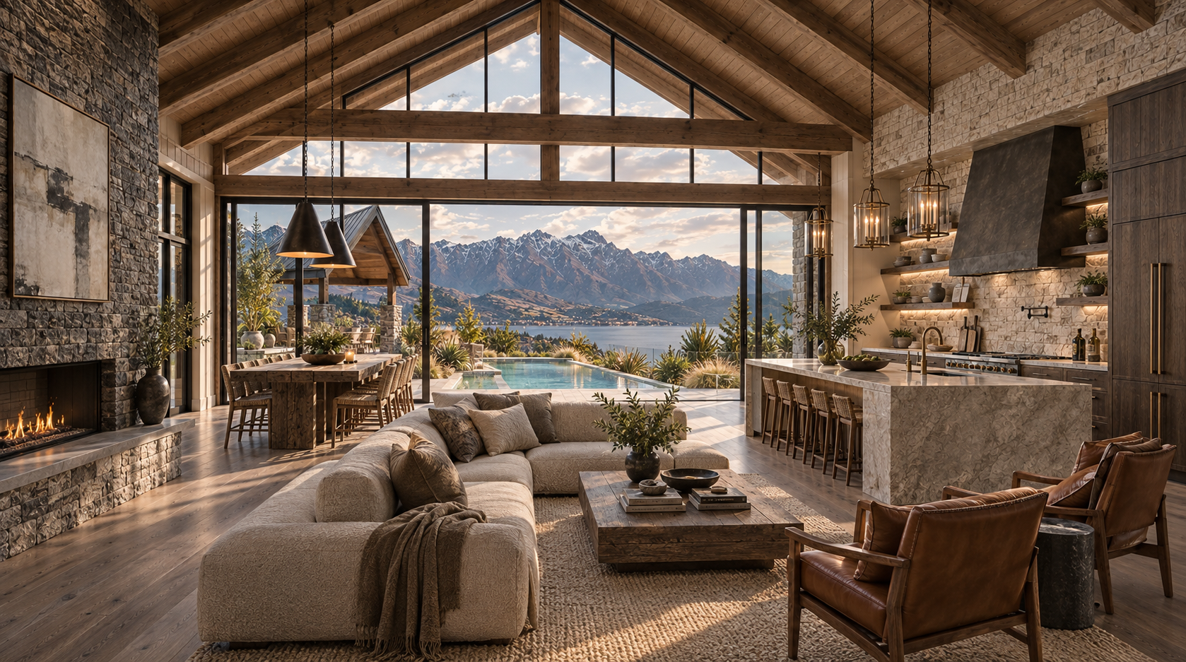 Luxurious mountain lodge living room and kitchen with stone fireplace, vaulted wood-beam ceiling, floor-to-ceiling windows, pool, lake, and snow-capped mountains