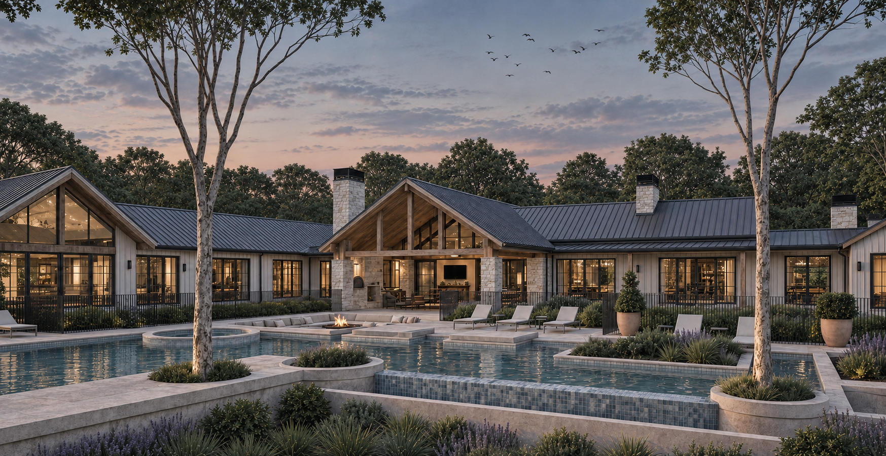 Luxury modern farmhouse with a landscaped resort-style pool, spa, fire pit, and outdoor seating at dusk