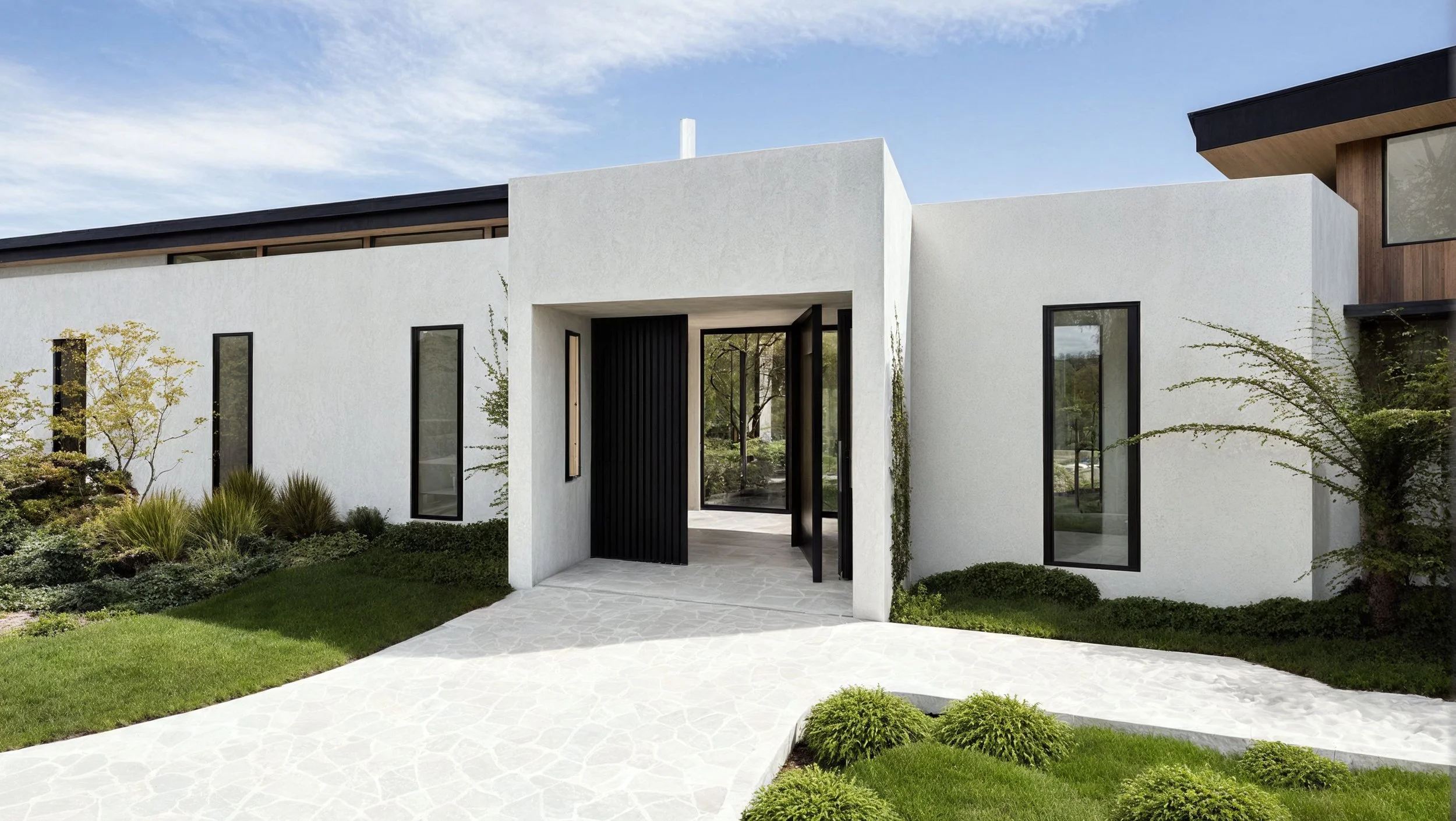 Modern white house with black accents, large windows, and landscaped front yard with greenery and a stone pathway.