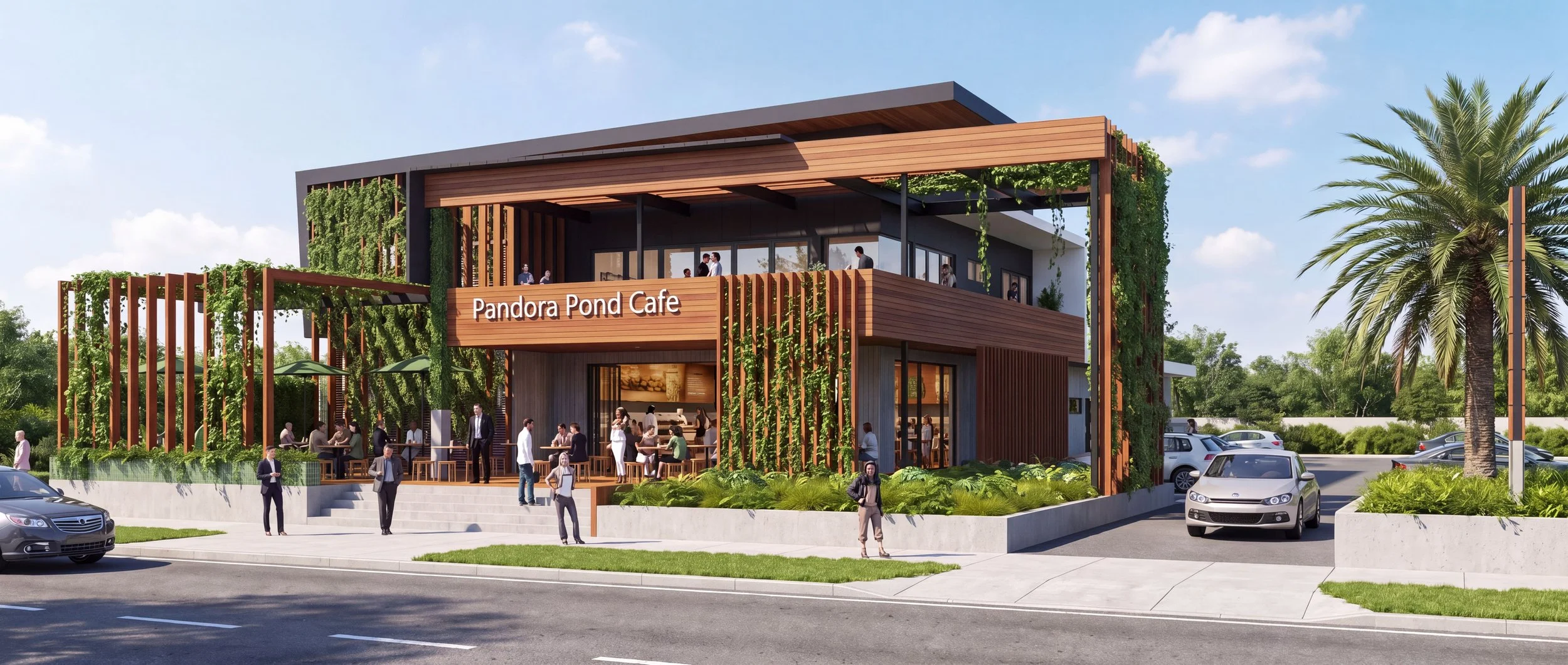 A two-story modern cafe building with a sign that reads 'Pandora Pond Cafe,' surrounded by greenery and palm trees; people are sitting and walking outside, with parking spaces and cars in the background.