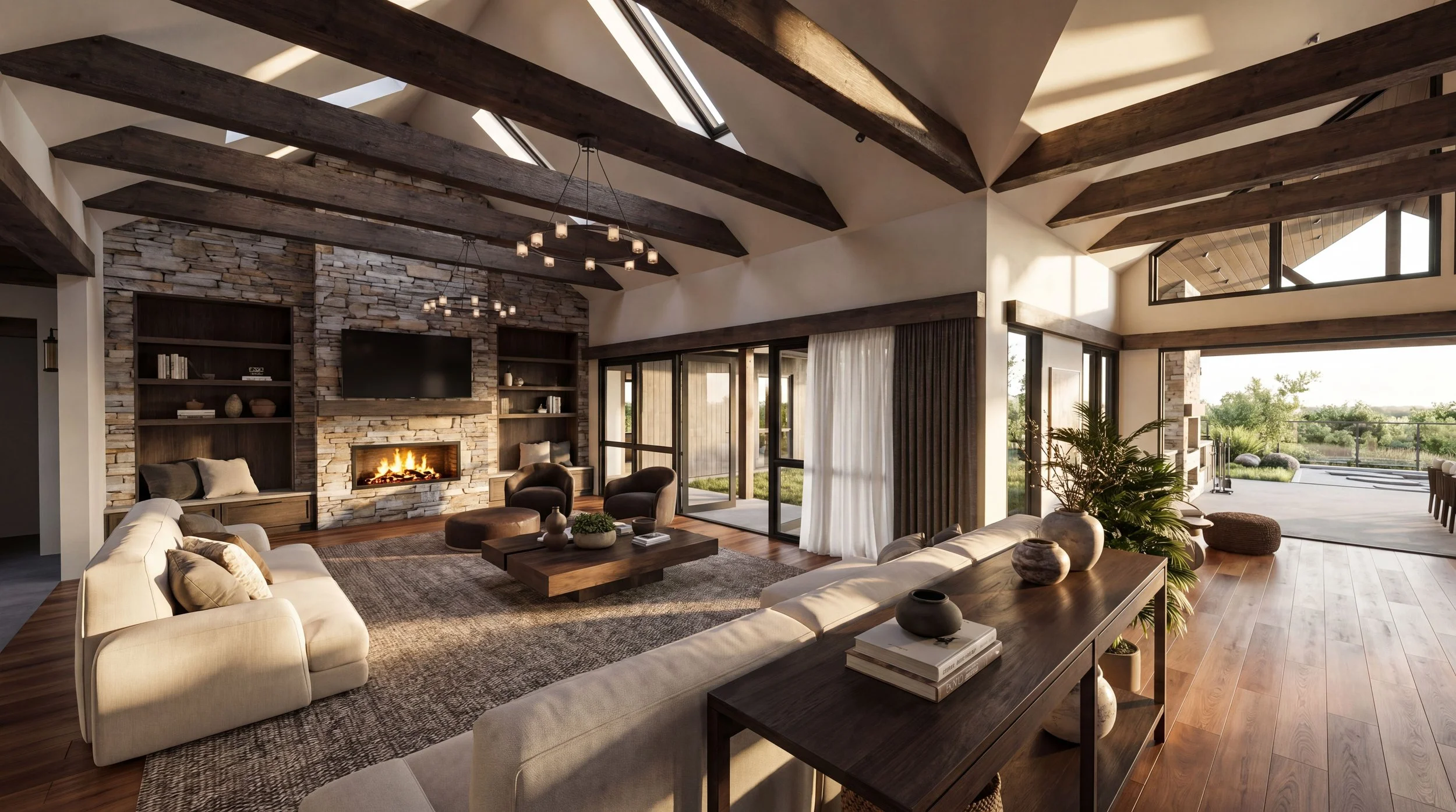 Modern living room with a stone fireplace, wooden beams on the ceiling, a large sectional sofa, armchairs, and floor-to-ceiling windows revealing an outdoor patio and greenery.