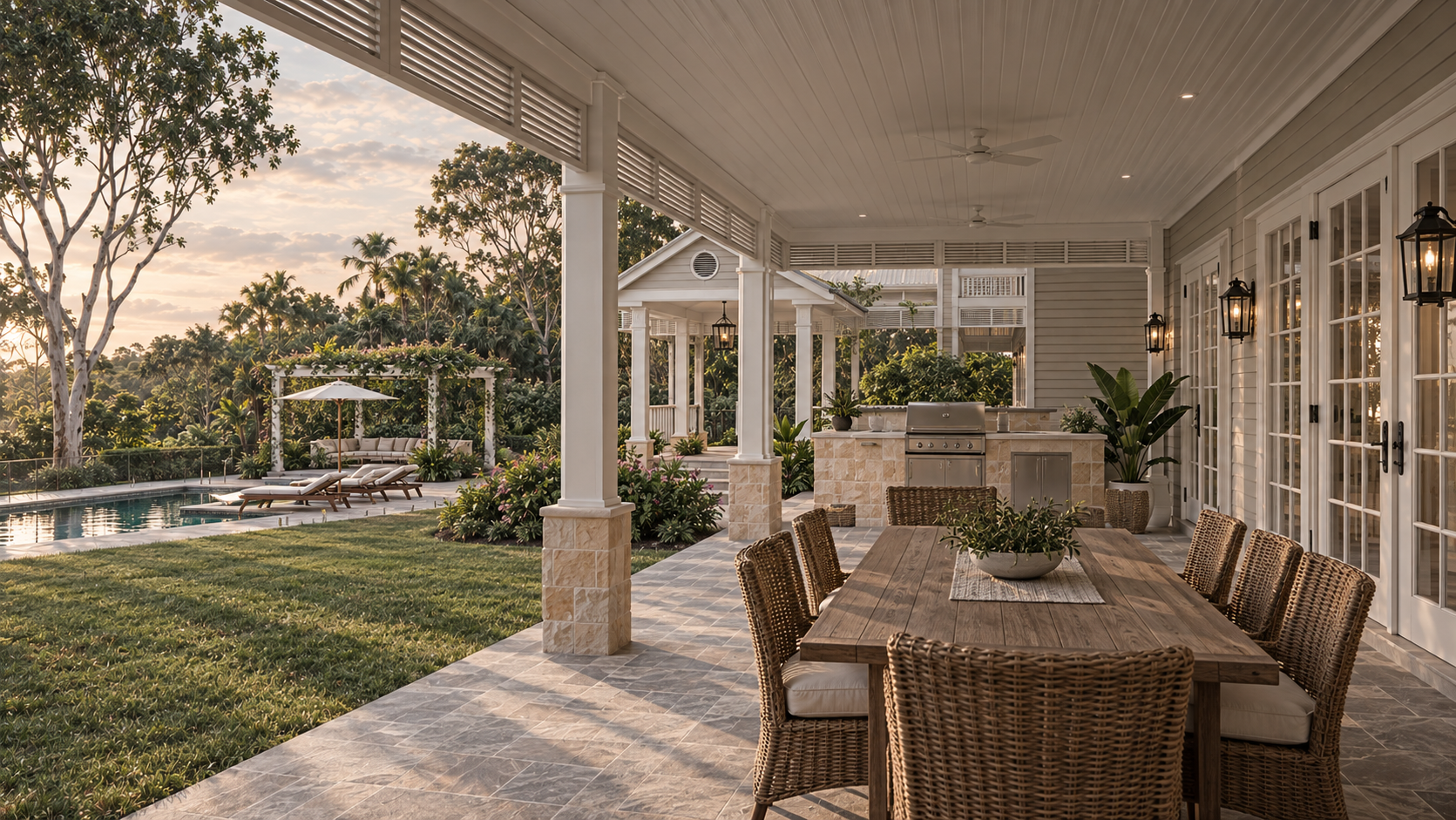 A covered outdoor patio with a dining table, wicker chairs, and a built-in outdoor kitchen, overlooking a backyard with a pool, lounge chairs, a gazebo, and lush trees at sunset.