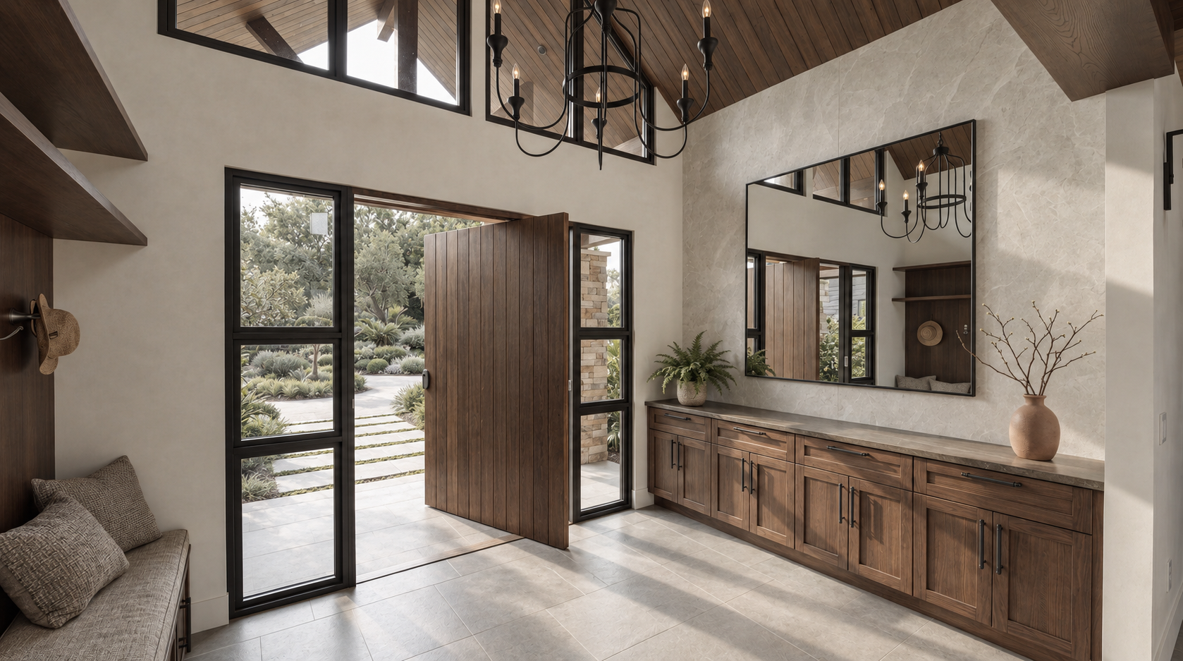 Modern home entryway with wood cabinetry, large mirror, chandelier, open front door, and landscaped yard outside