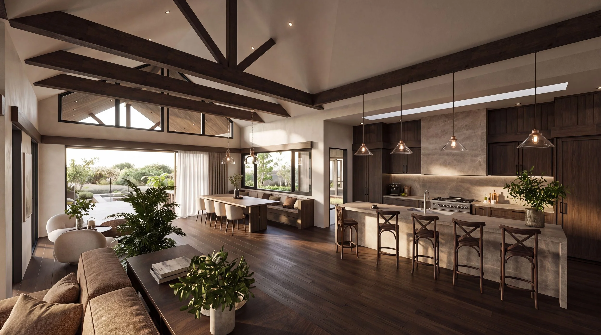 Modern open-concept living space with a kitchen and dining area, featuring large windows, wooden beams on the ceiling, and sleek furnishings.