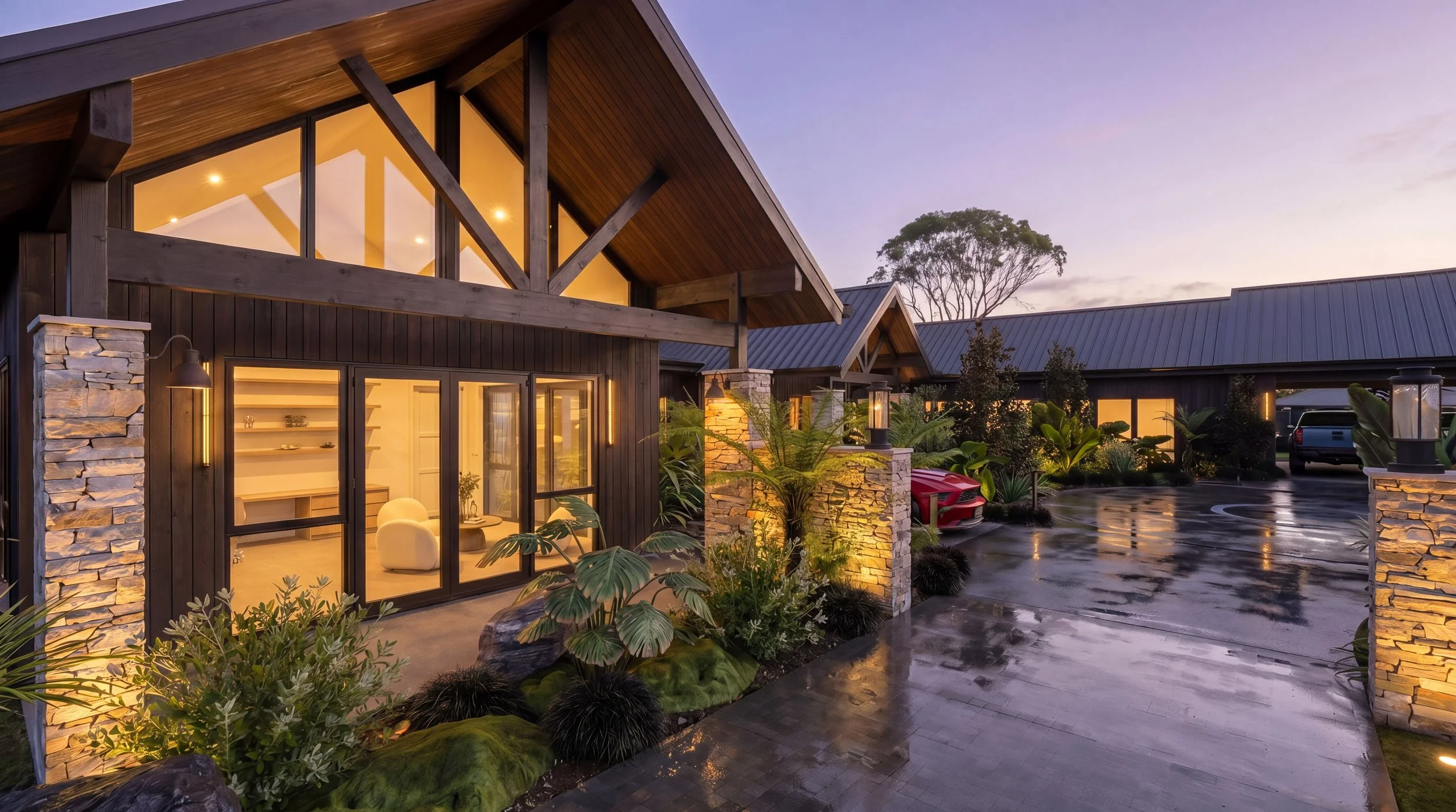 Modern house with large glass windows, stone accents, and wooden roof, surrounded by plants and trees at dusk.