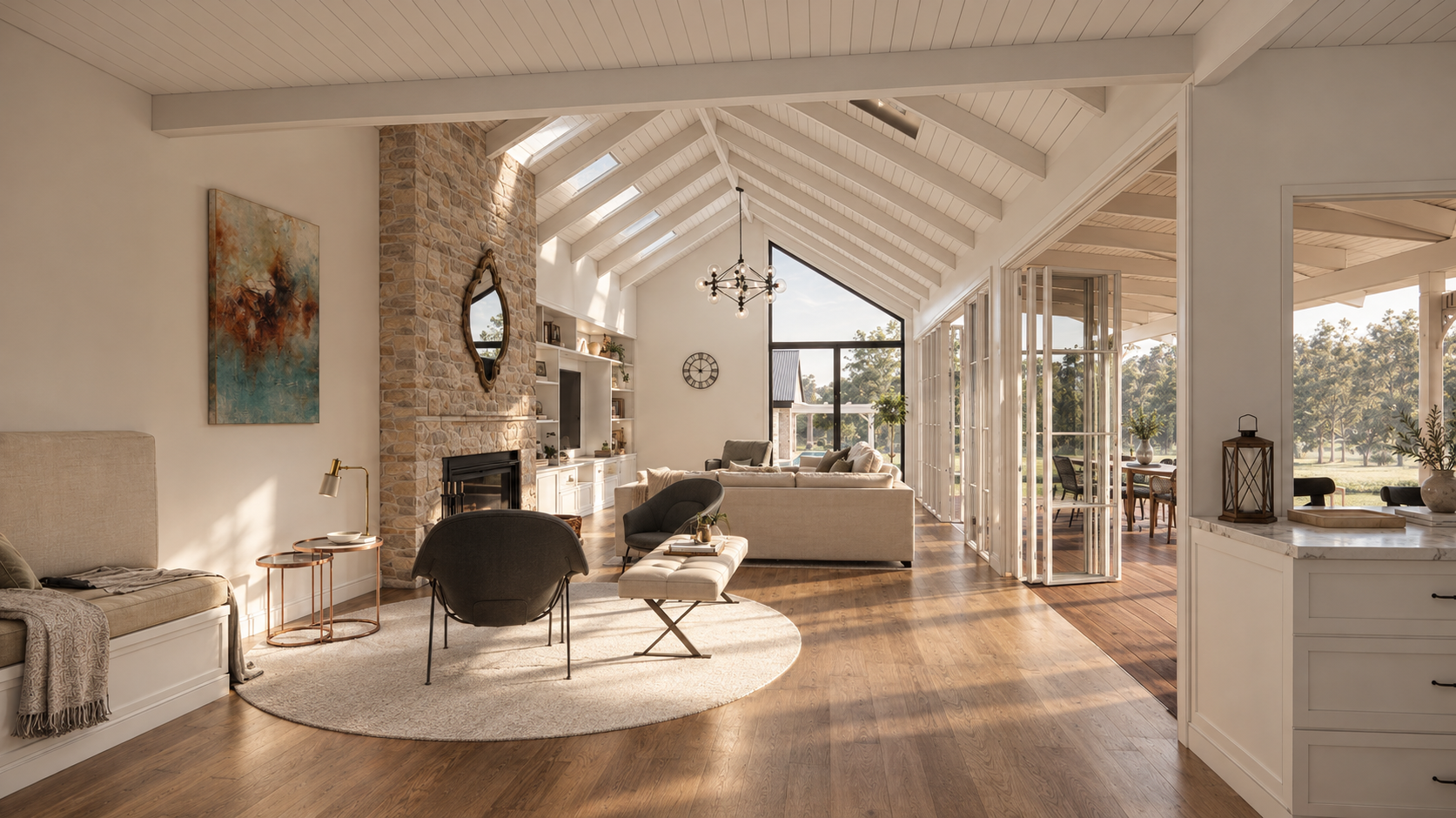 Bright farmhouse-style living room with stone fireplace, vaulted wood-beam ceiling, modern furnishings, and folding glass doors opening to a covered patio and rural landscape