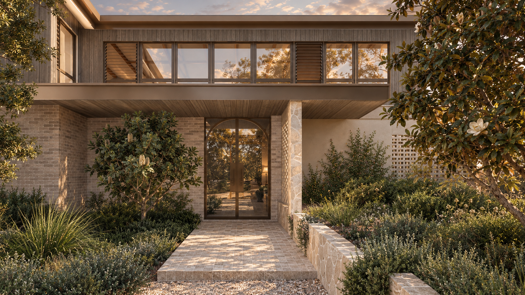 Modern two-story home with wood siding, brick walls, glass entry doors, and a lush landscaped garden
