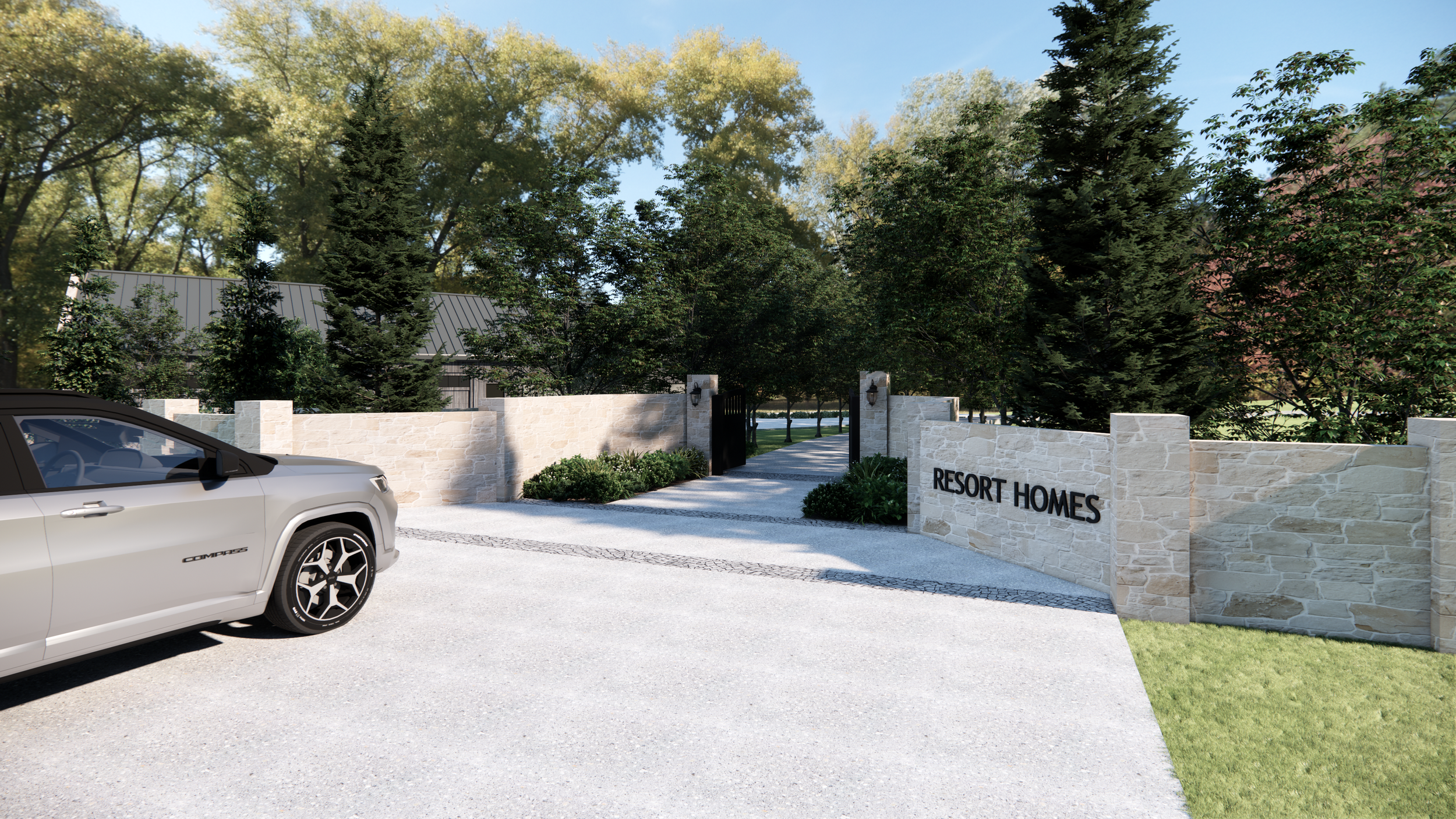 Entrance to a residential community called 'Resort Homes', with a stone wall and black gate, surrounded by trees and a parked car in the foreground.