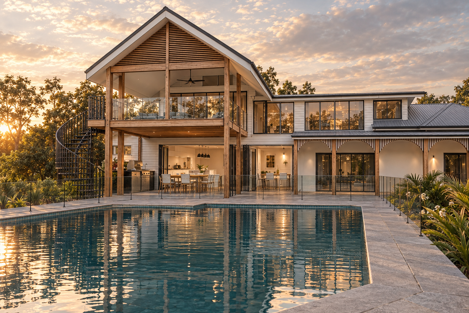 Modern house with a pool in the foreground, sunset sky, large windows, outdoor dining area, and surrounding trees.