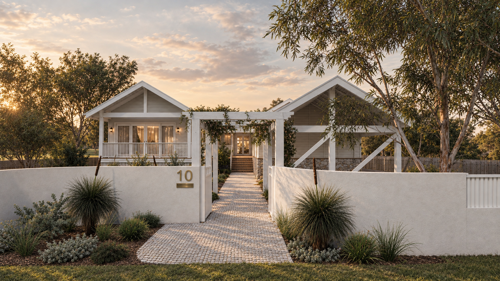 A charming white house with a front garden, a pathway leading to a porch, and a decorative archway at the entrance, surrounded by trees during sunset.