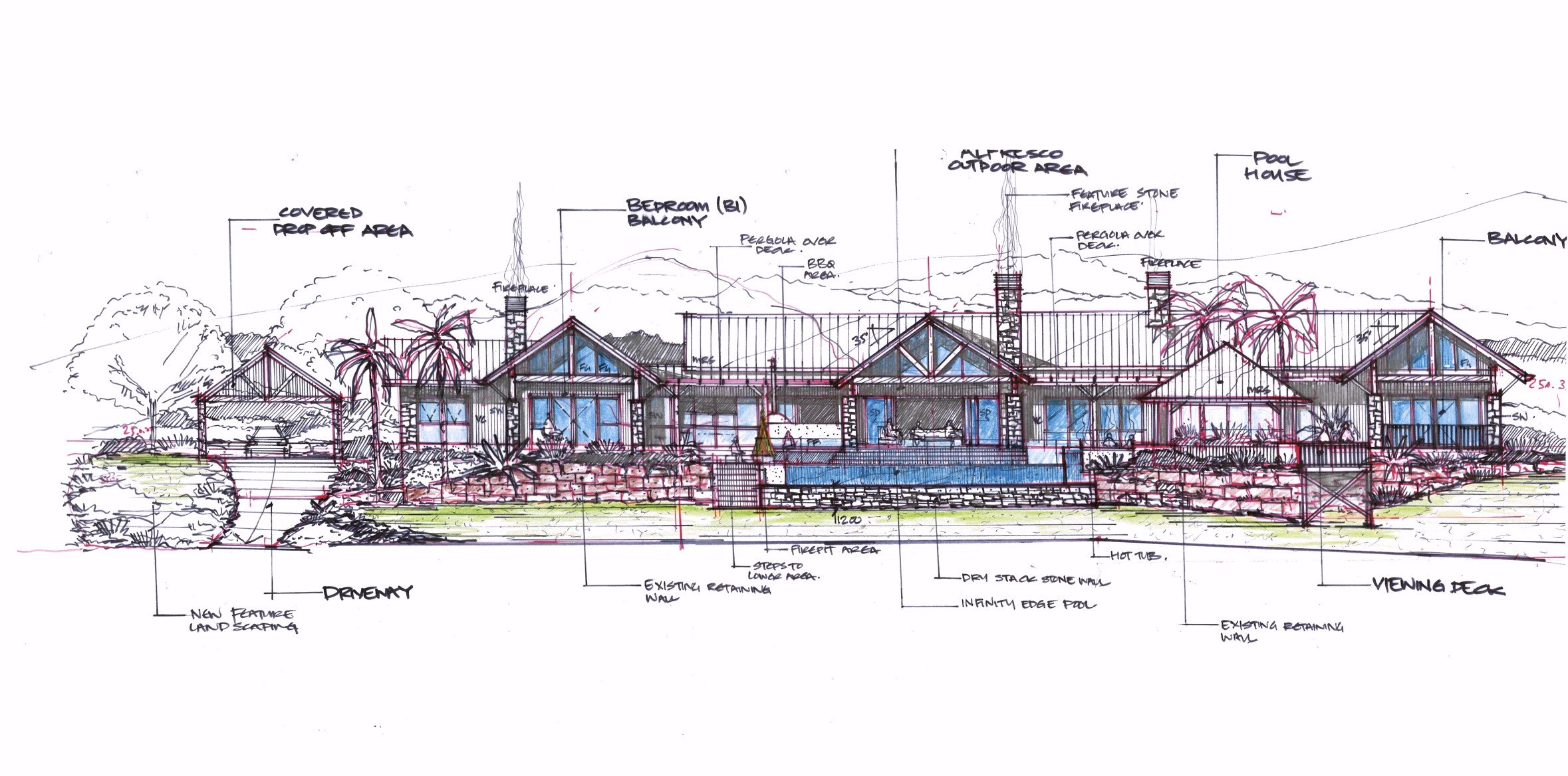 Architectural sketch of a modern house with details like covered drop-off area, balcony, outdoor firepit, pool house, infinity edge pool, stone walls, palm trees, and annotations indicating various features and landscape design elements.