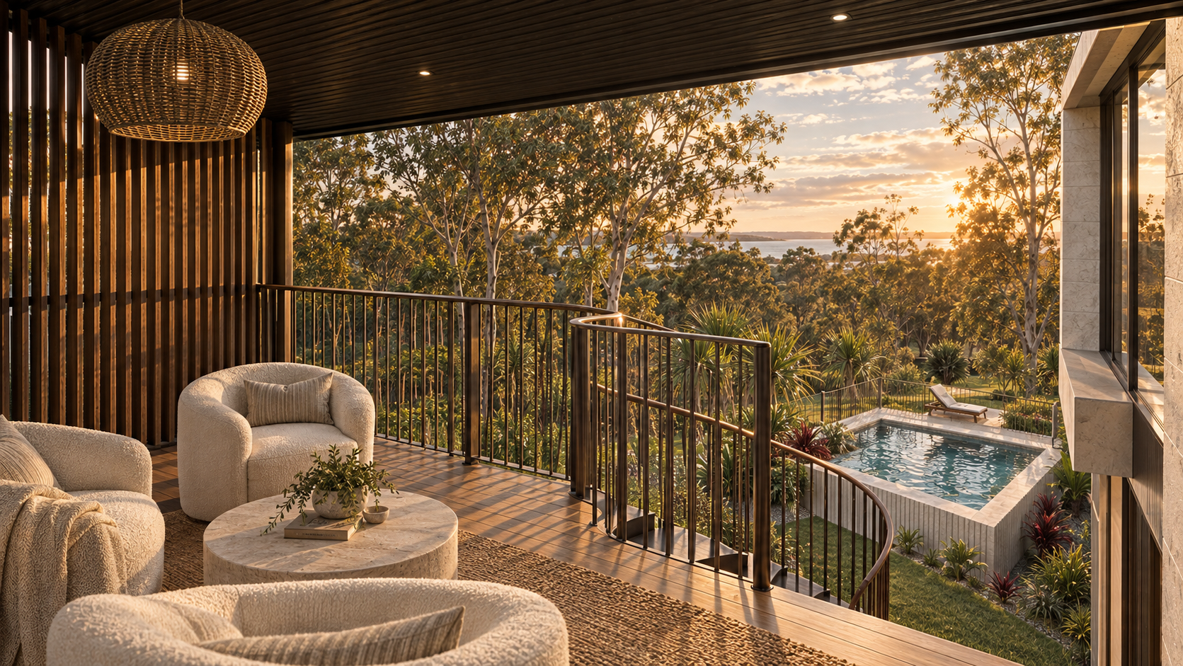 Balcony with beige armchairs and a coffee table overlooking a lush landscape with a pool, trees, and a sunset sky.