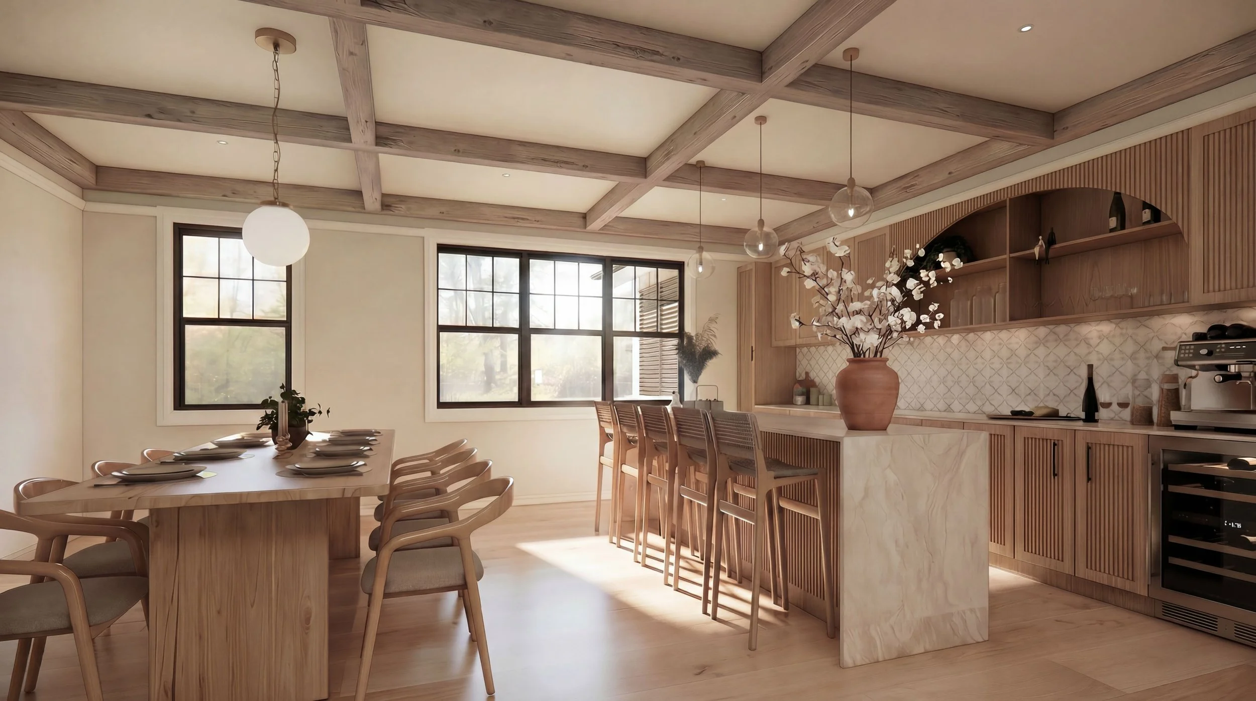 A modern, minimalist kitchen and dining area with wooden furniture, a large vase with white flowers, and natural light coming through the windows.