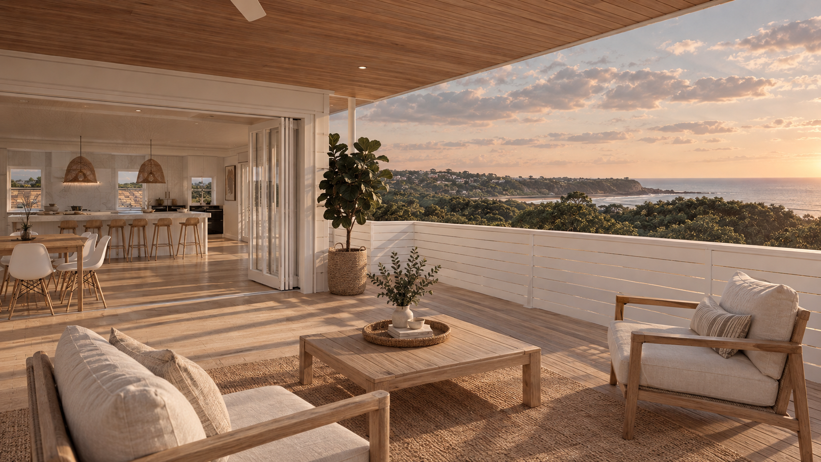 An outdoor balcony with wooden flooring, white railing, and comfortable wooden furniture with cushions, overlooking a scenic view of the ocean, hills, and a partly cloudy sky at sunset.