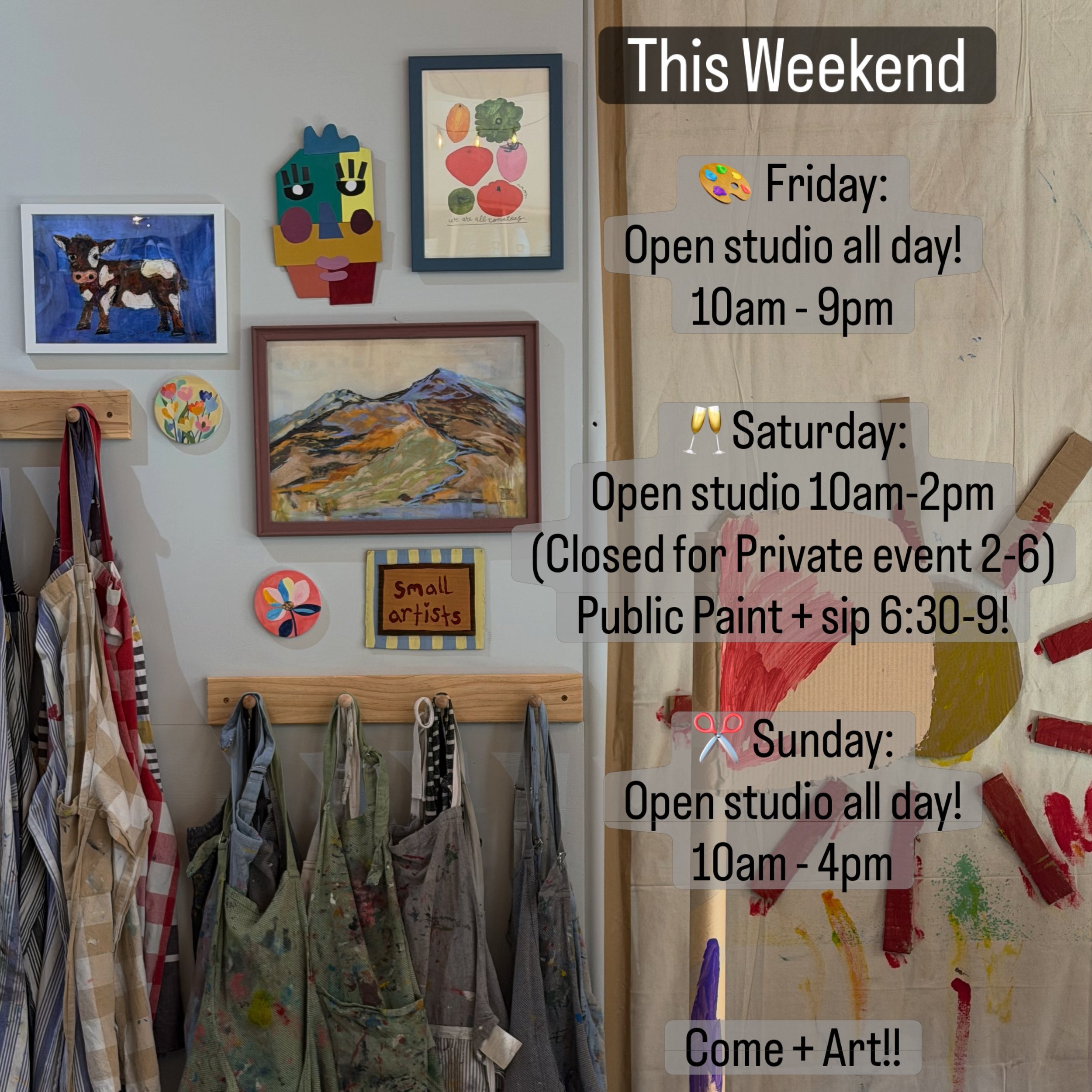Not sure what to do this weekend? We&rsquo;ve got plenty happening in the studio!

✨ Friday
Open Studio | 10am&ndash;9pm

✨ Saturday
Open Studio | 10am&ndash;2pm
(Closed 2pm&ndash;6pm for a private event)
🐮 Public Paint + Sip | 6:30pm&ndash;9pm
Join