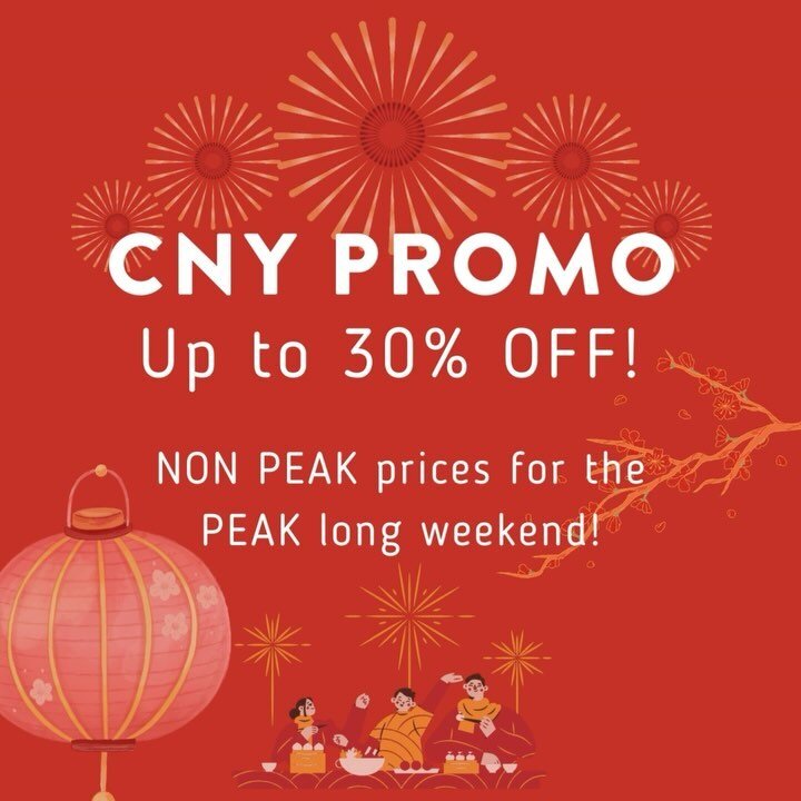 CNY promo! Gong Xi Fa Cha! 
.
NON PEAK prices for the PEAK holiday season! 
.
Simple click on our non peak package to book for the CNY long weekend. 
.
#supportsg #sgsmallbusiness #cny2024