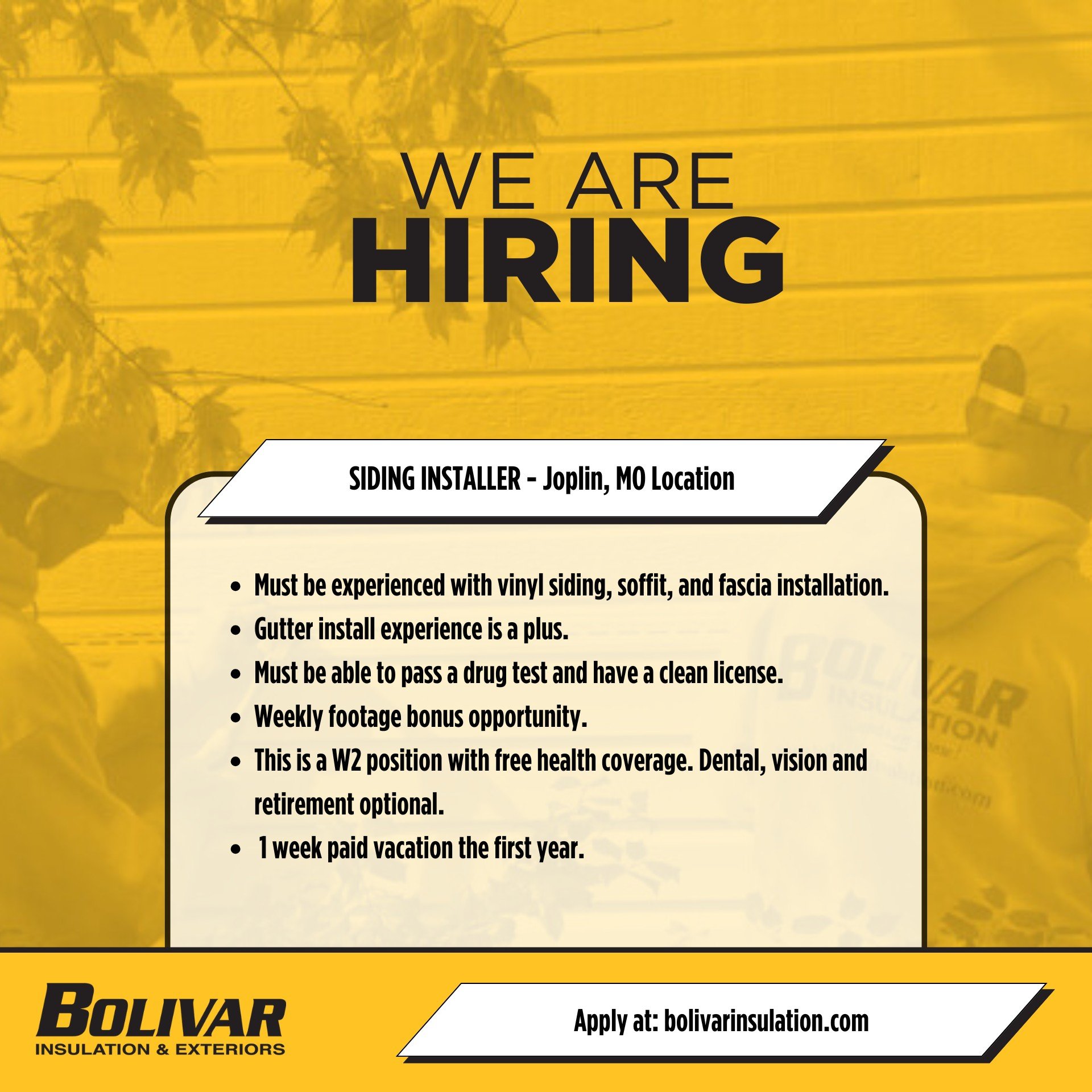🚨 We're Hiring in Joplin, MO! 🛠️
Join the Bolivar Insulation &amp; Exteriors team as a Siding Installer and build a career with great pay, solid benefits, and weekly bonus opportunities!

What we're looking for:
✔️ Experience with vinyl siding, sof