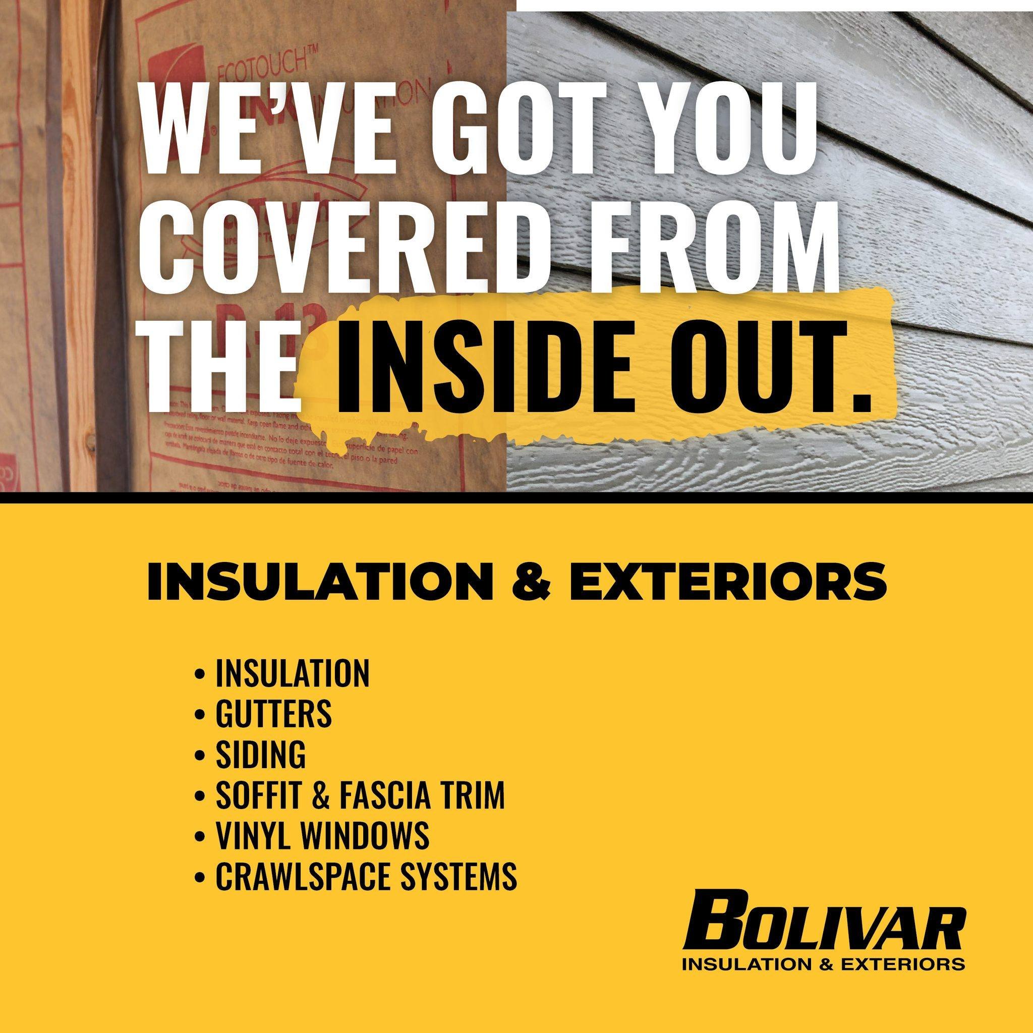 Inside comfort. Outside protection. One trusted name. 🏡
&ndash;
At Bolivar Insulation, we do more than just insulation. From gutters and siding to windows, trim, and crawl space systems, our expert team delivers top-to-bottom solutions that boost yo