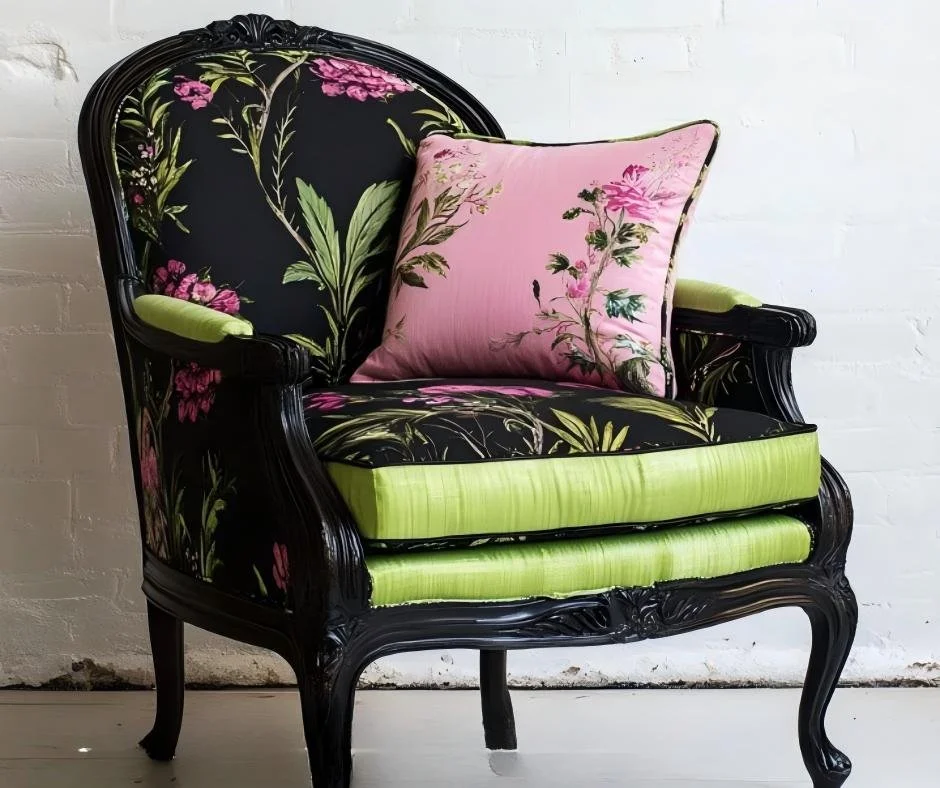 Restored vintage armchair reupholstered in black floral and vibrant green fabric with a pink accent pillow.