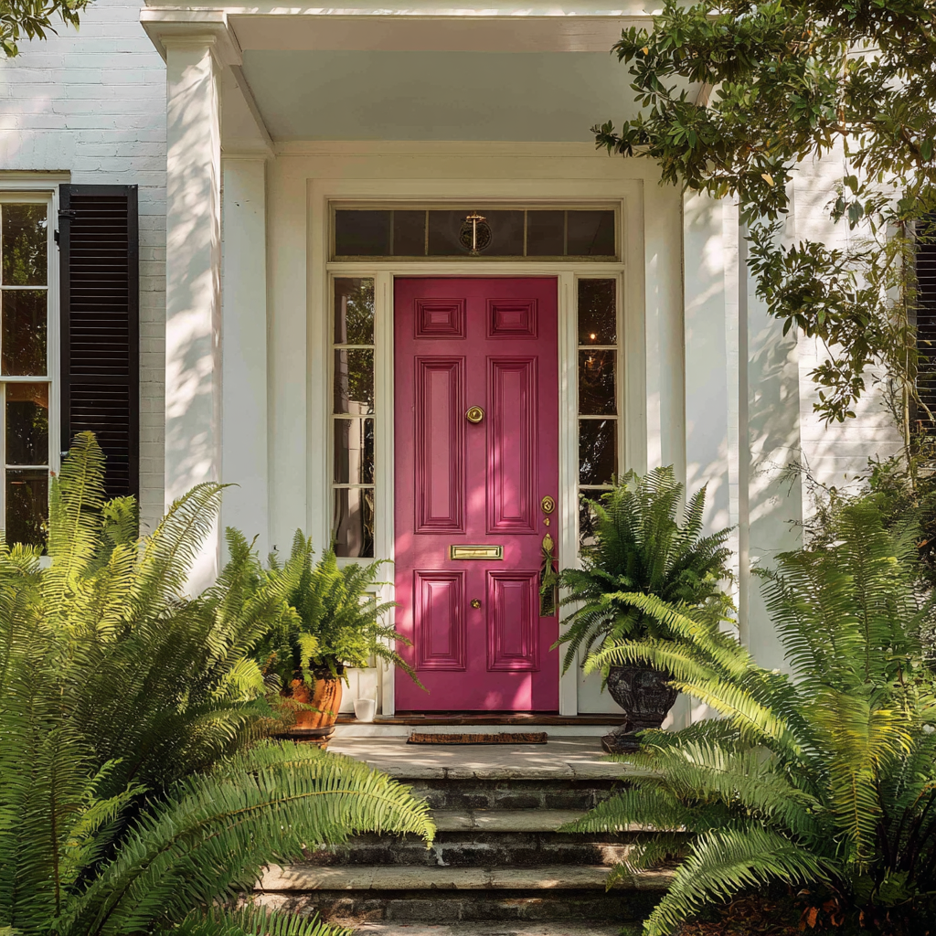 Pink vintage door with plush greenery
