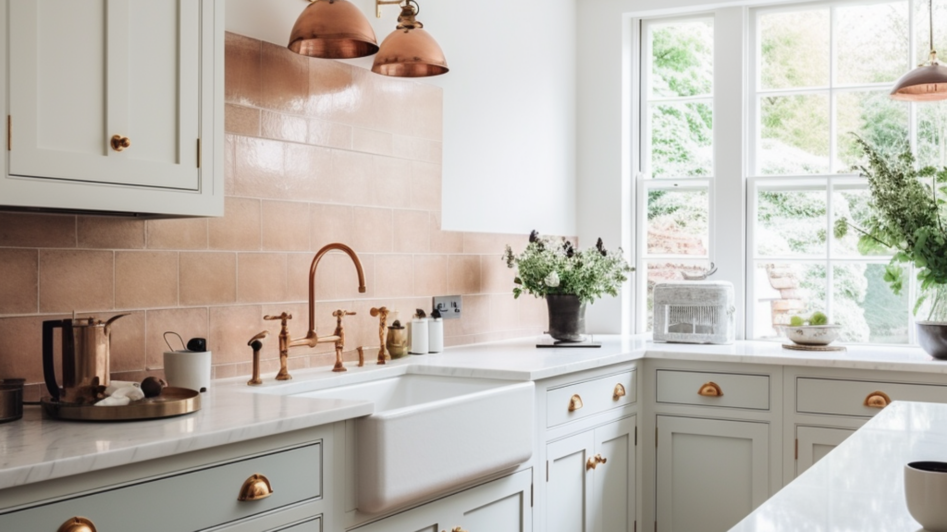 Bright kitchen with white cabinets, copper accents, a farmhouse sink, and large windows with greenery outside.