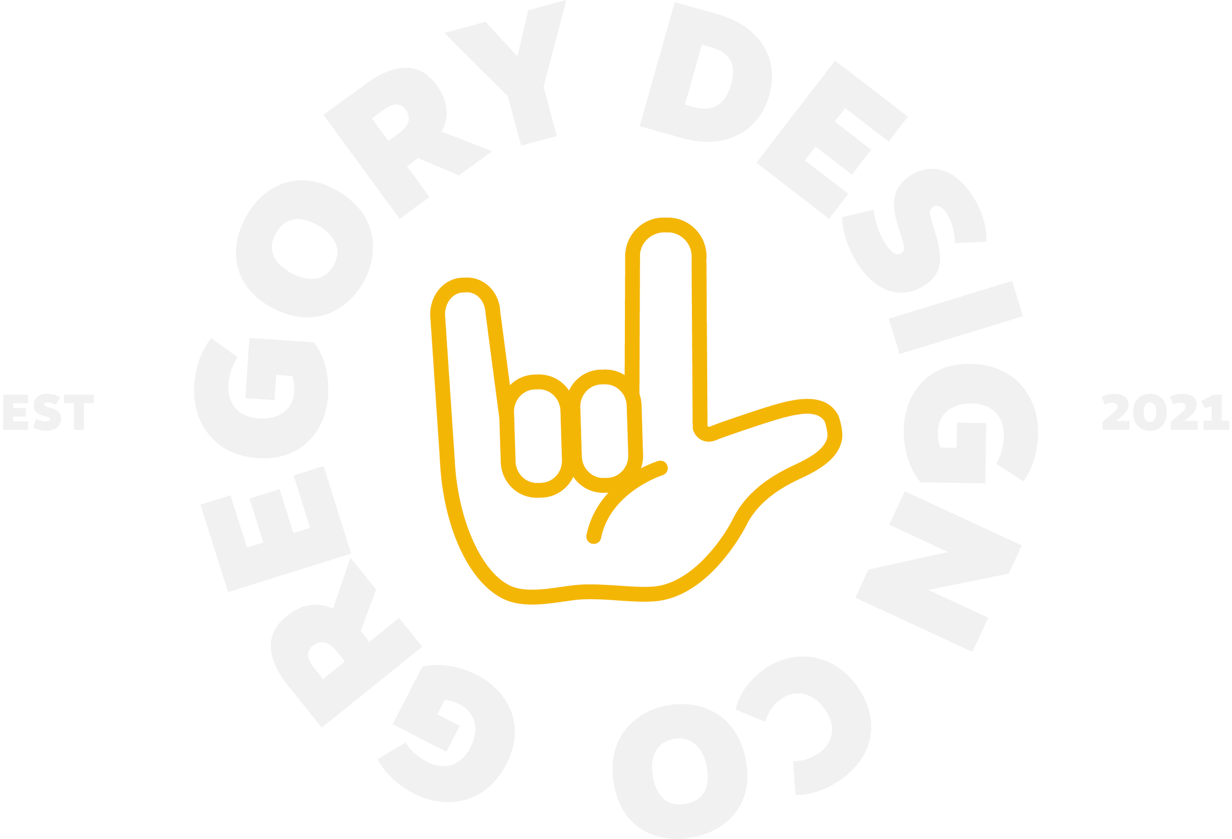 Graphic design with a yellow outline of a hand making a finger gun gesture in the center, surrounded by white text that reads 'CELEBRATE' and 'HAPPY' in a circular arrangement, with small text 'EST' on the left and '2021' on the right.