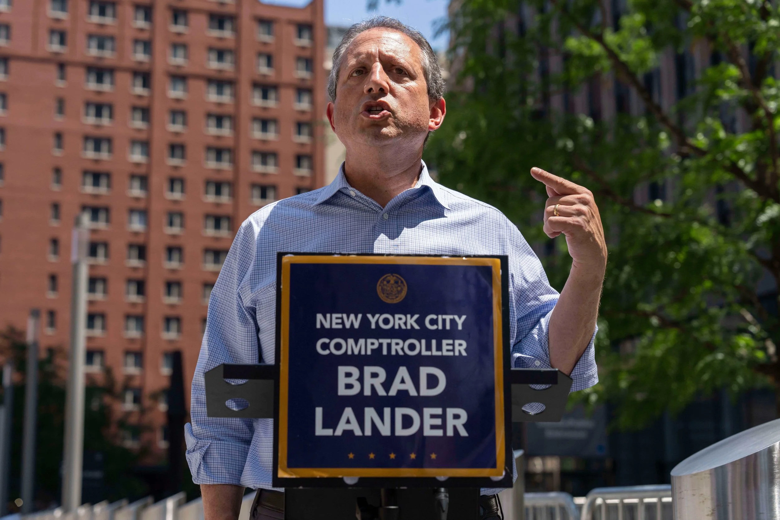 New York City comptroller Brad Lander speaks during a press conference outside the Jacob K Javits Federal Building in New York