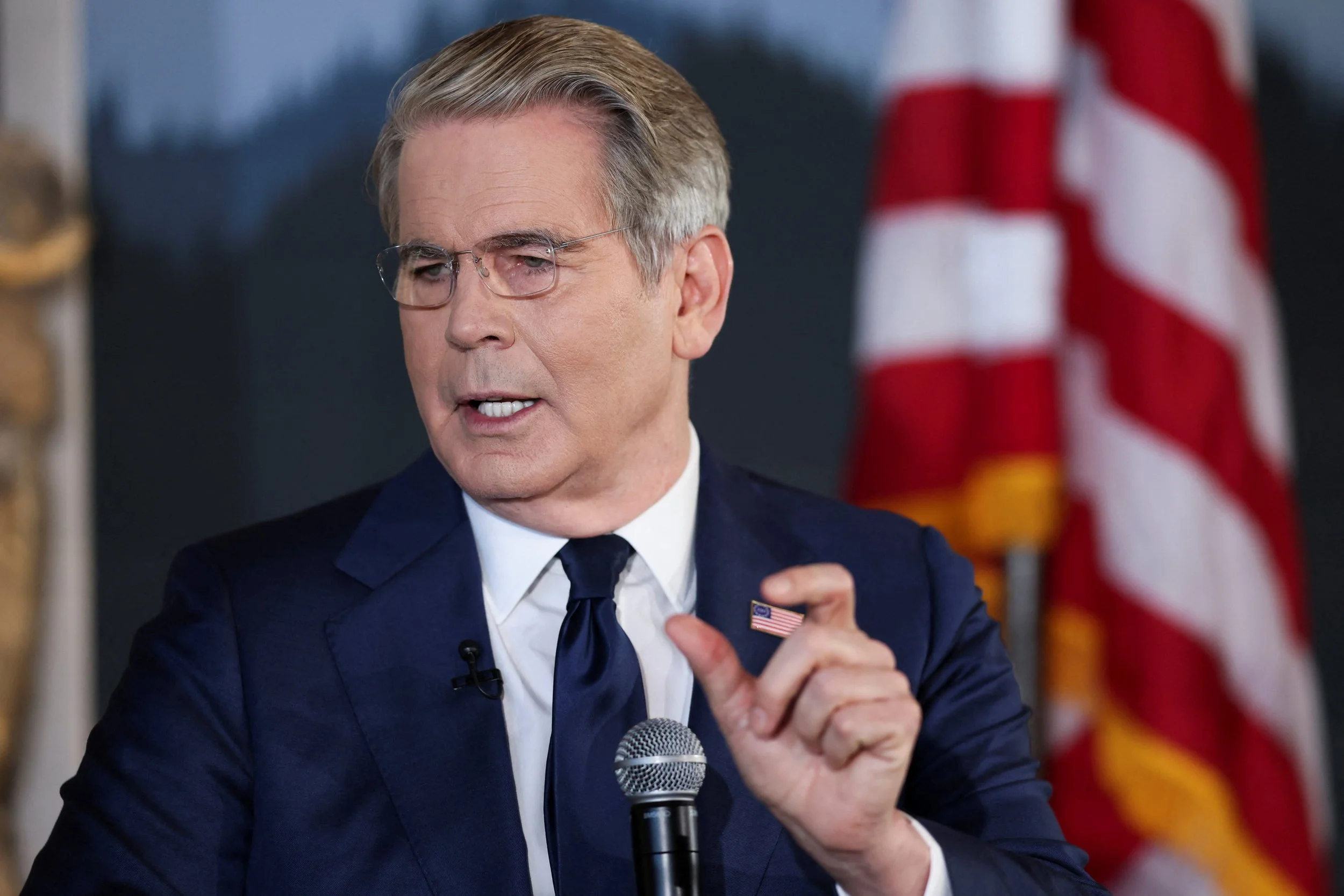 US Treasury Secretary Scott Bessent speaks during a "fireside chat", as finance ministers and central bank governors from G20 countries meet in North Carolina