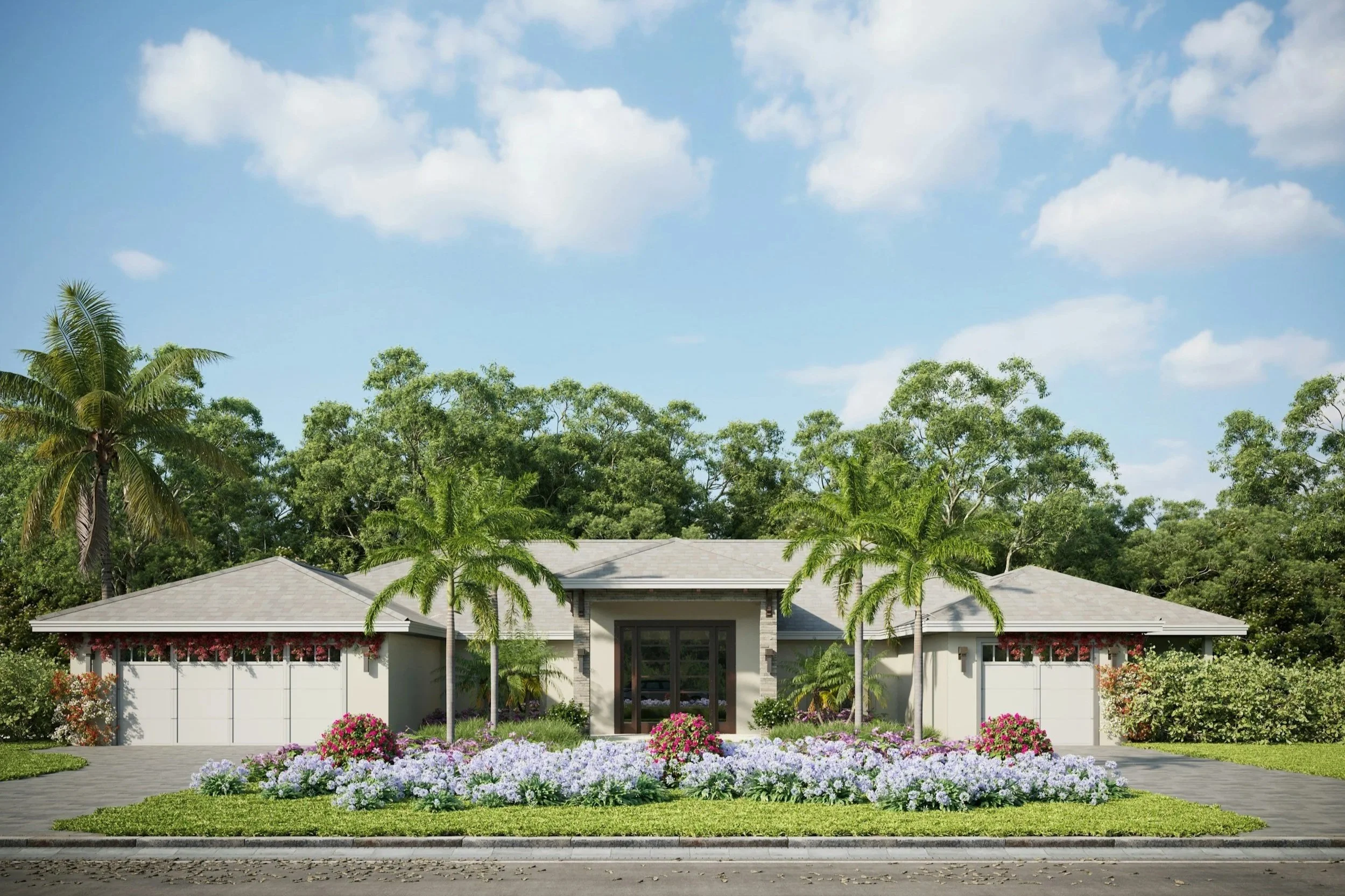 Modern house with gray roof, surrounded by palm trees, colorful flowers, and greenery, under a blue sky with white clouds.