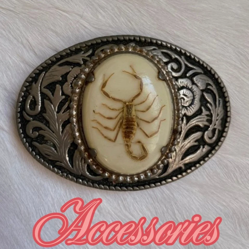 A decorative brooch with a scorpion design set in an oval frame with intricate patterns, resting on a white furry surface, with the word 'Accessories' written in pink cursive font at the bottom.