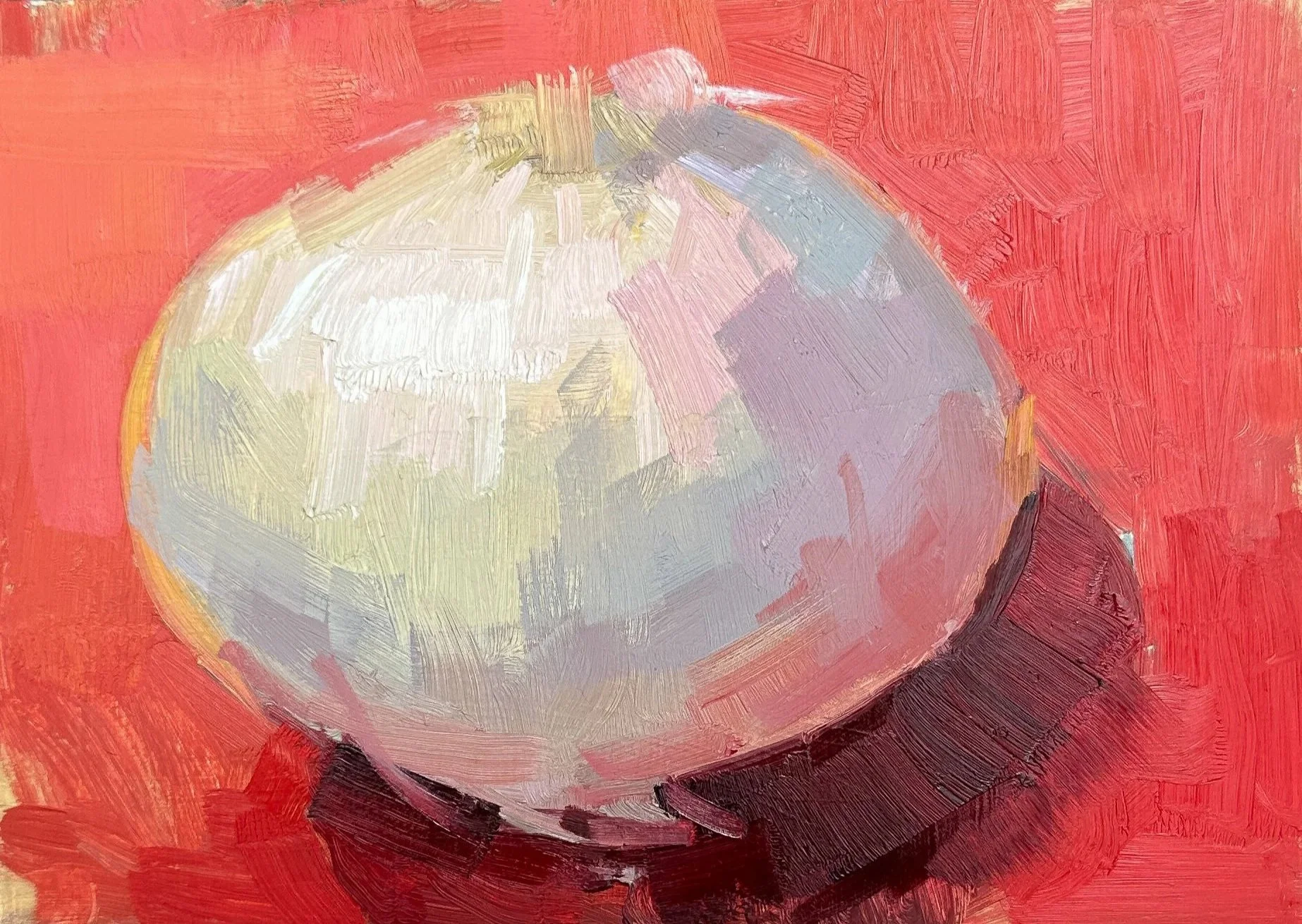"Onion on Scarlet Table" Oil on wood panel, 5"x 7"