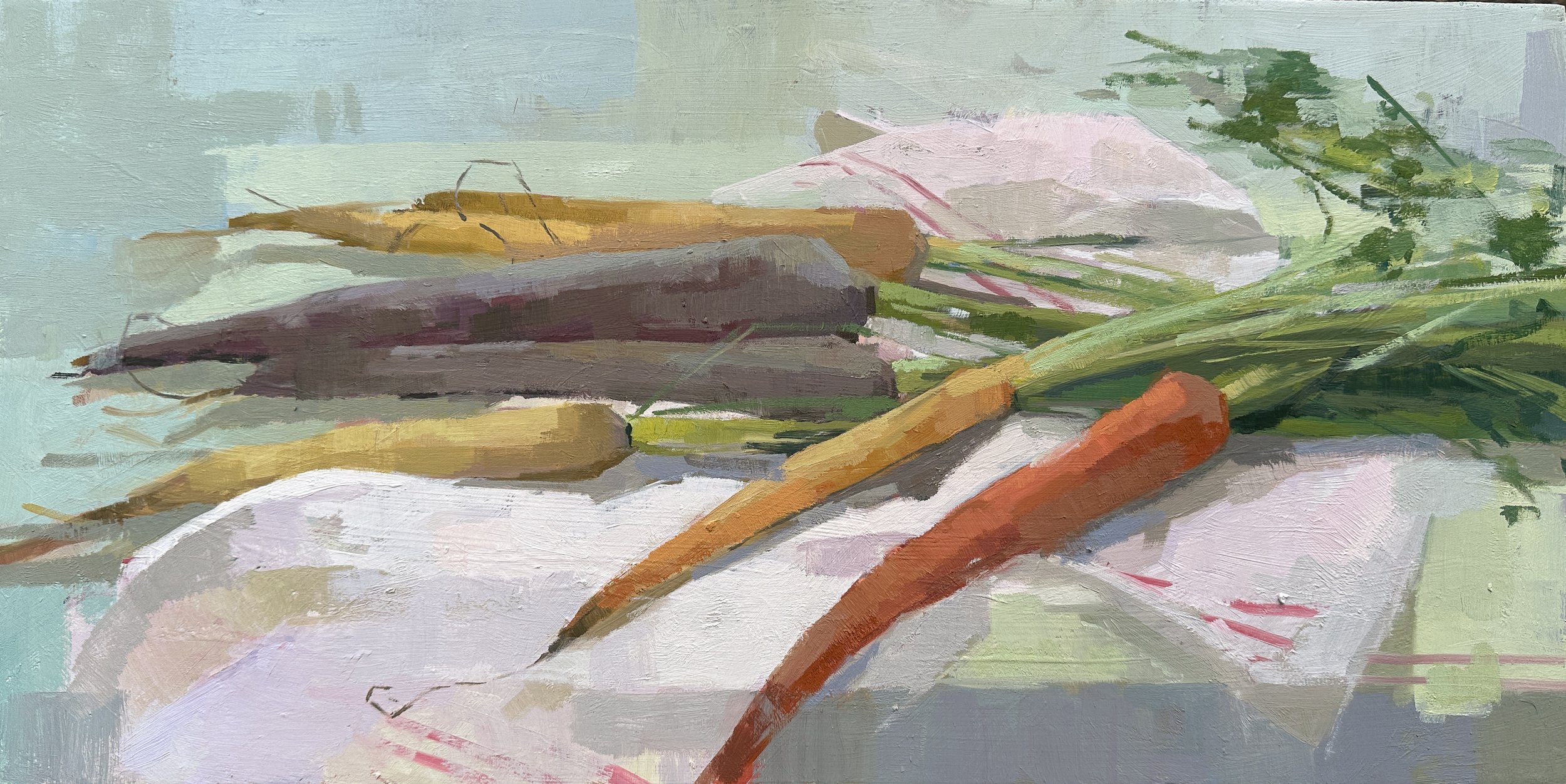 "Carrots with Kitchen Towel" Oil on cradled wood panel, 10"x 20" 2025. $675