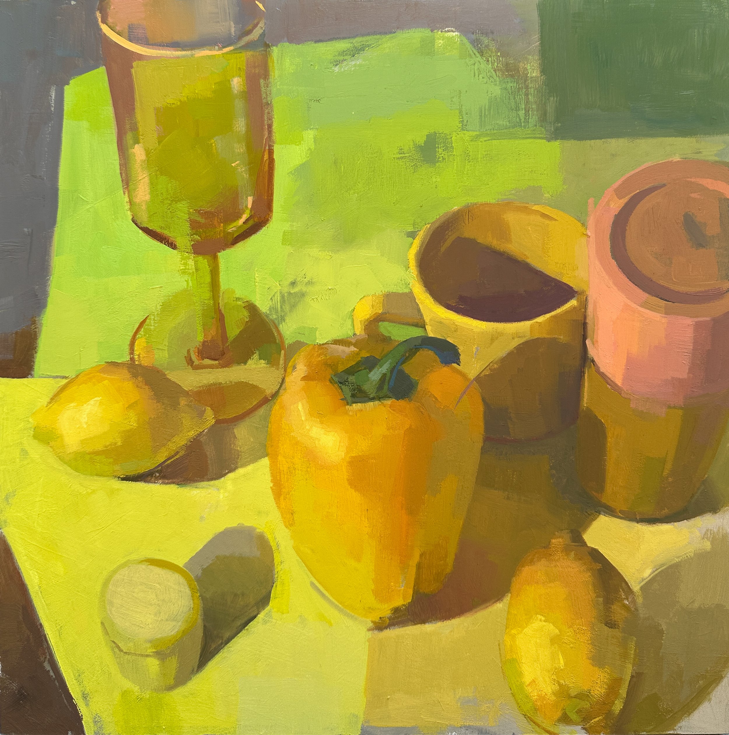 "Yellow Things" Oil on wood panel, 16"x 16" 2025.