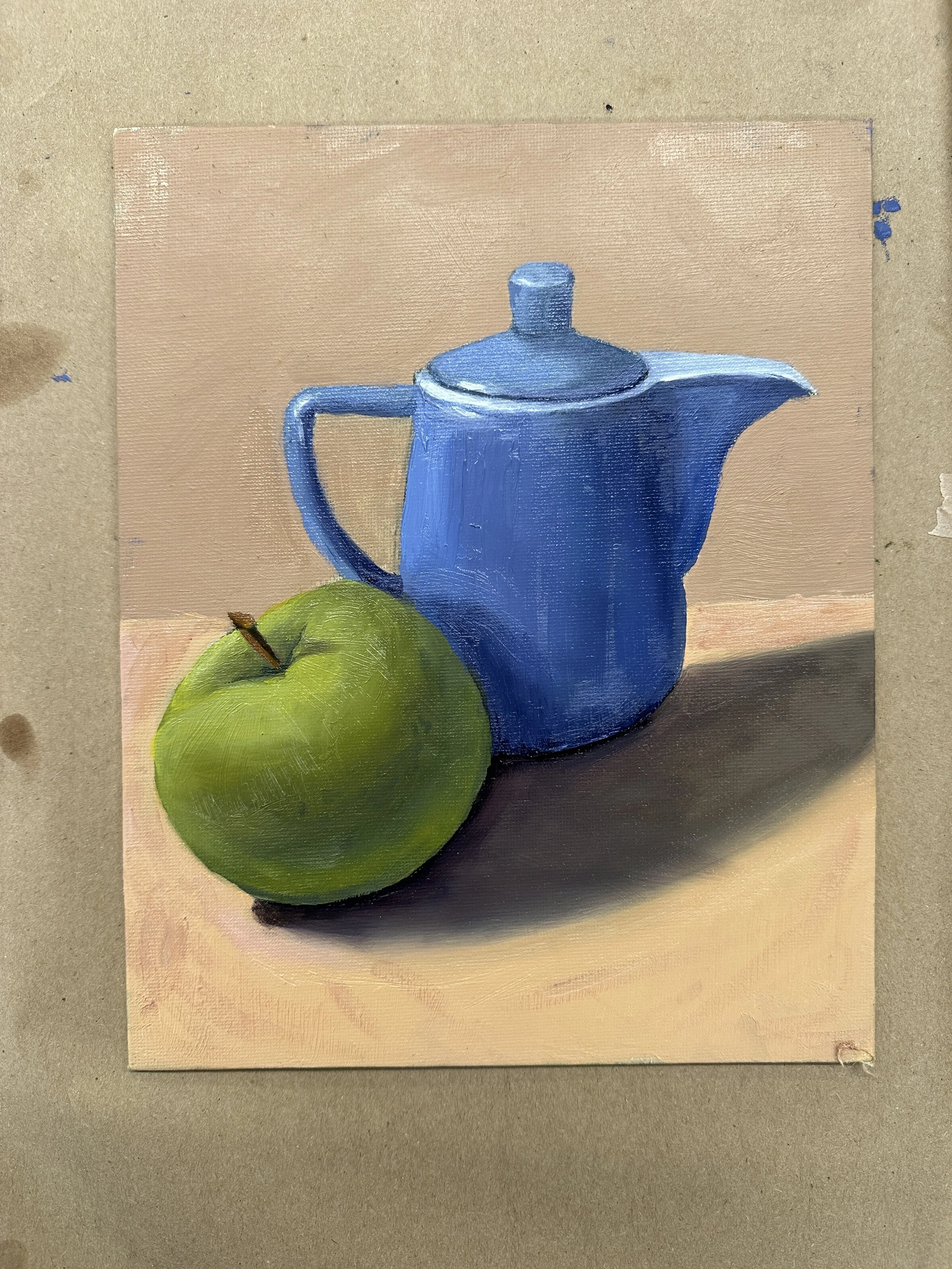 A small painting of a blue teapot and a green apple on a surface with a beige background.