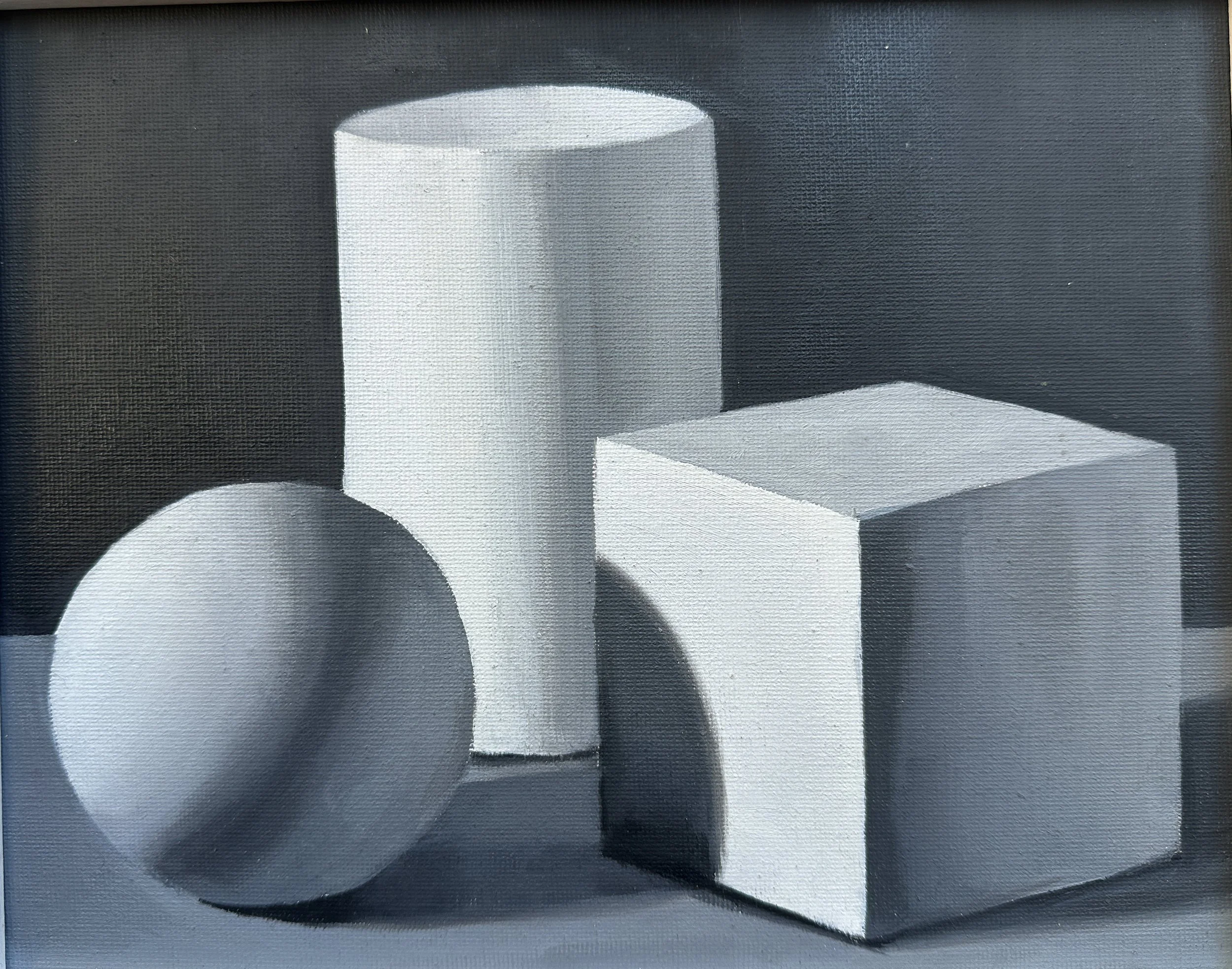 A black and white painting of a white cylindrical cup, a white rectangular object, and a black sphere on a flat surface.
