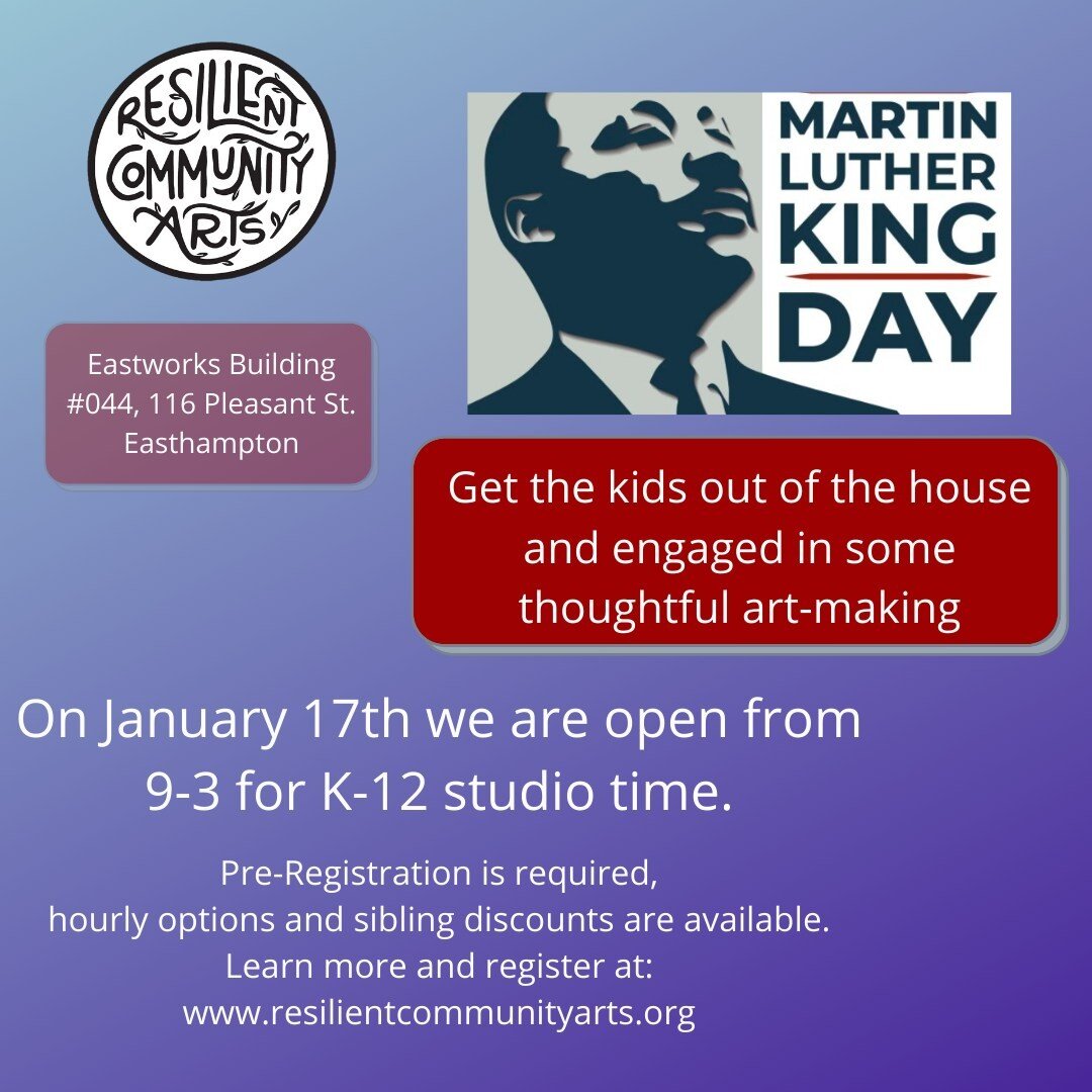 Schools are closed on Monday to honor MLK day, but you can still get the kids out of the house and engaged in some thoughtful art-making. 
💜
We're hosting K-12 Studio Days on all school holidays, including MLK day and the teacher work day on January