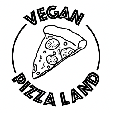 A vegan pizza slice illustration with the text 'Vegan Pizza Land' around it.