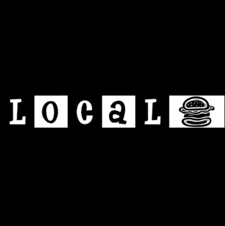 Word 'LOCAL' spelled out with black and white letters, 'O' and 'A' in squares, with a cartoon burger image replacing the last letter.