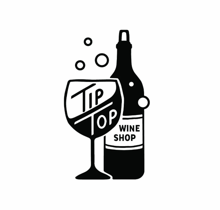 A black and white illustration of a wine bottle and a wine glass with bubbles, with the text 'Tip Top' on the glass and 'Wine Shop' on the bottle.
